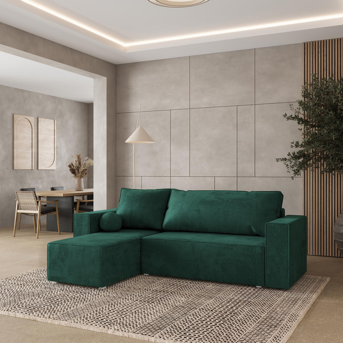 ROHOVÁ SEDAČKA RAVELO tmavě zelená - šedá/tmavě zelená, dřevo/textil (240/140cm) - MASSENO