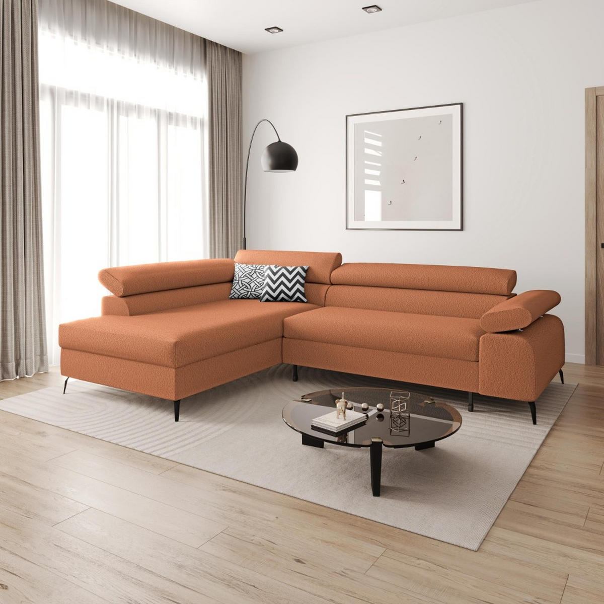 ECKSCHLAFSOFA Mellow mit Bettkasten, Ziegelrot, links - Rostfarben/Schwarz, Textil (270/205cm) - Beautysofa