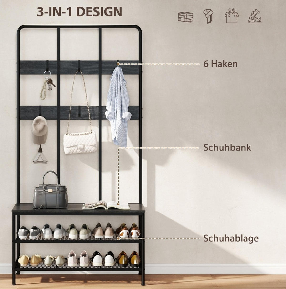 GARDEROBENSTÄNDER 3-in-1 mit Sitzbank und Schuhregal Metall Schwarz - Schwarz, Metall (36/180/91cm) - Beauniv