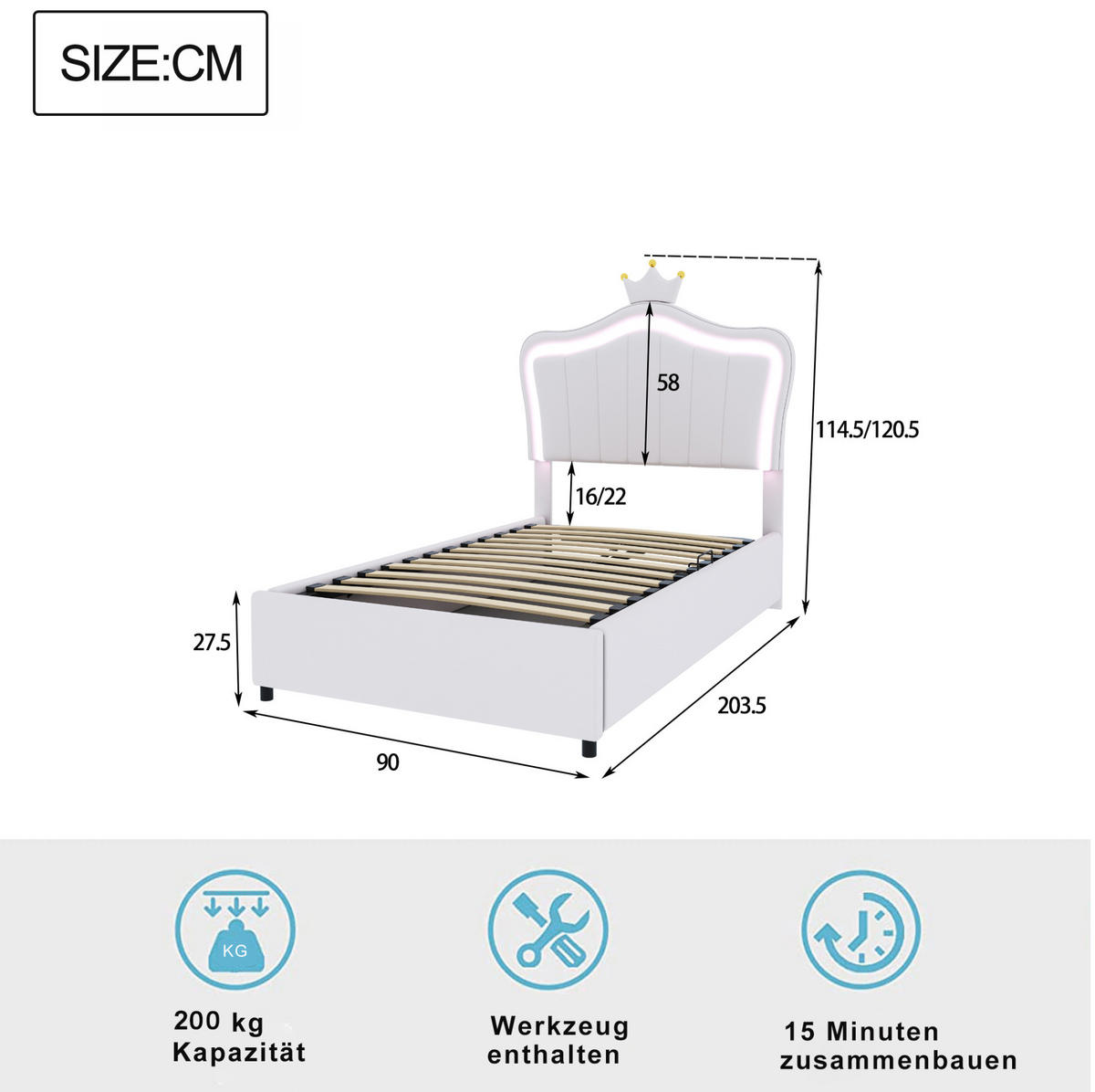 KINDERBETT Polsterbett 90/200 cm aus Kunstleder mit LED-Beleuchtung und hydraulischem Stauraum Weiß - Weiß, Holzwerkstoff (90/200cm) - Modenvie