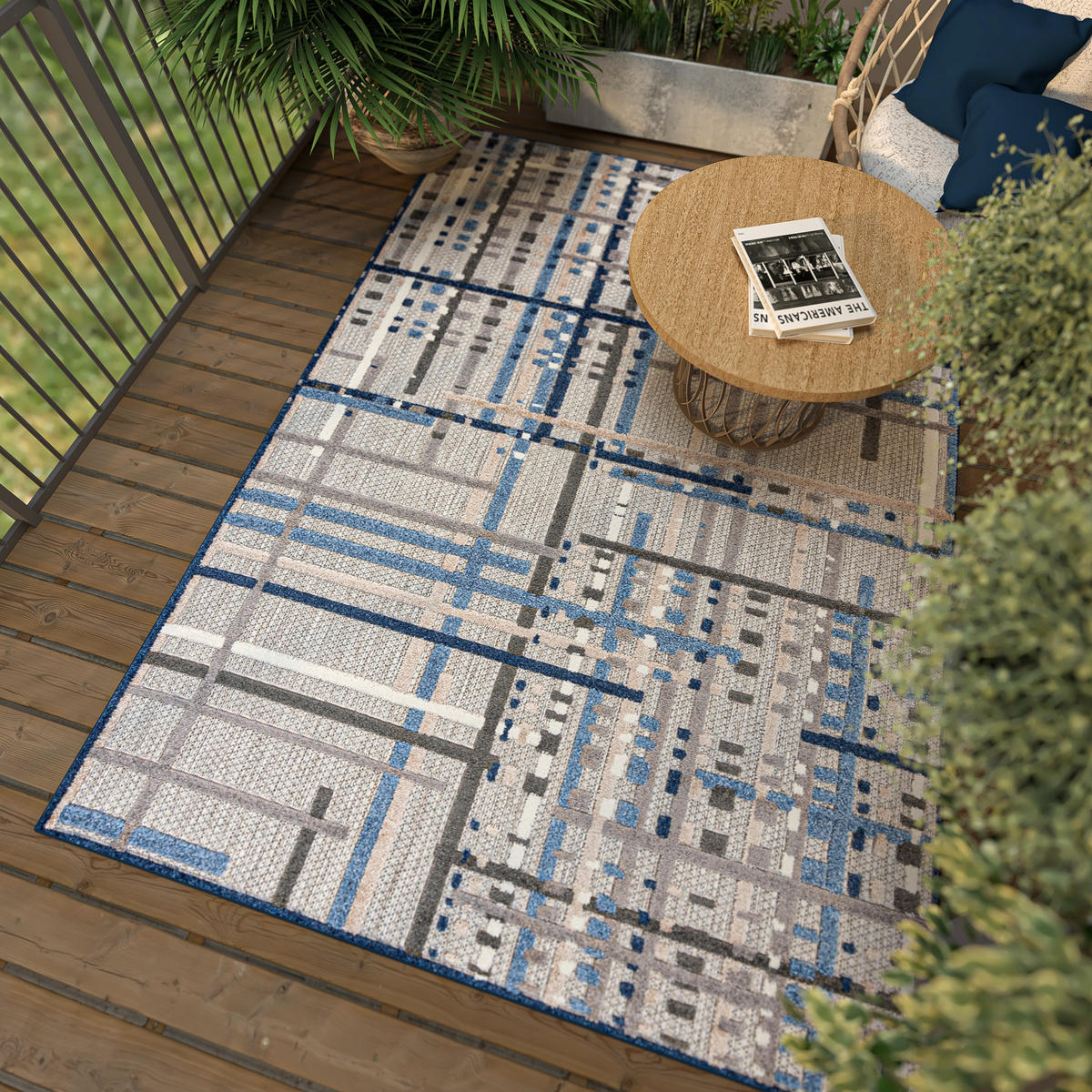 TEPPICH Outdoor Geometrisch Streifen Kurzflor Rechteckig Moderne - 120x170 cm - Blau, Textil (120/170cm) - Mazovia