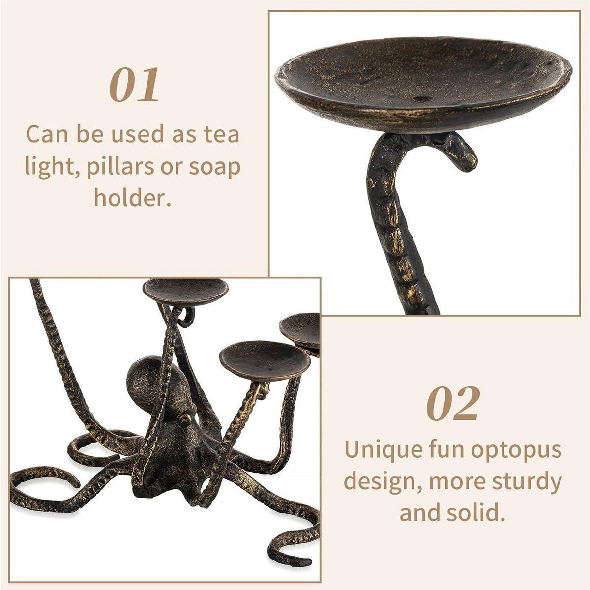 KERZENHALTER Oktopus Gusseisen Dunkelbronziert 30 cm - Bronzefarben, Metall (168/240/297cm)