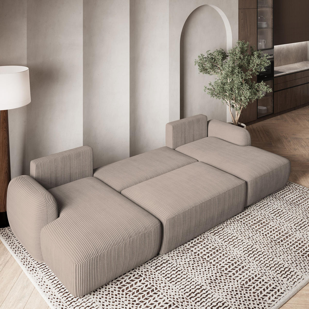 WOHNLANDSCHAFT SAVONA P Beige Kordstoff mit Schlaffunktion - Beige, Holz (320/90/148cm) - MASSENO