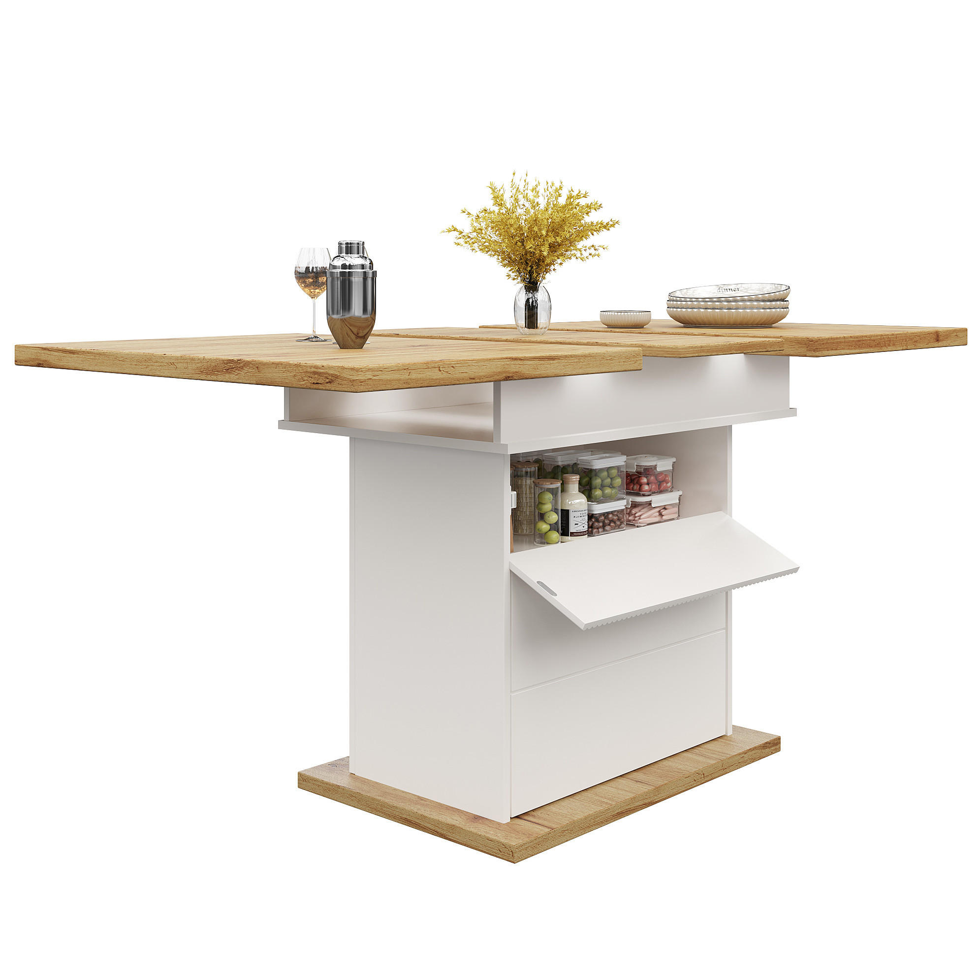 ESSTISCH Ausziehbarer, MDF mit Stauraum & Soft-Close, 110-140/80/75 cm, Natur/Weiß - Weiß, Holzwerkstoff (110/80/75cm) - Redom