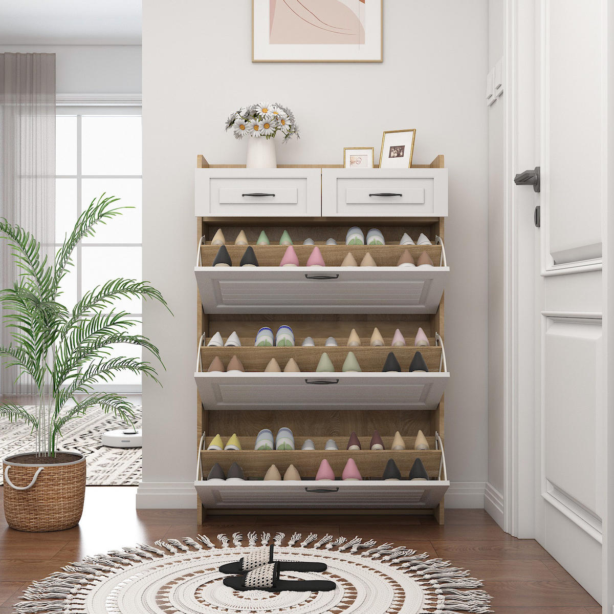SCHUHKOMMODE mit 3 Klappen und 2 Schubladen, Spanplatte, 80/23,5/131 cm, Weiß/Natur - Naturfarben, Holzwerkstoff (23.5/131/80cm) - Redom