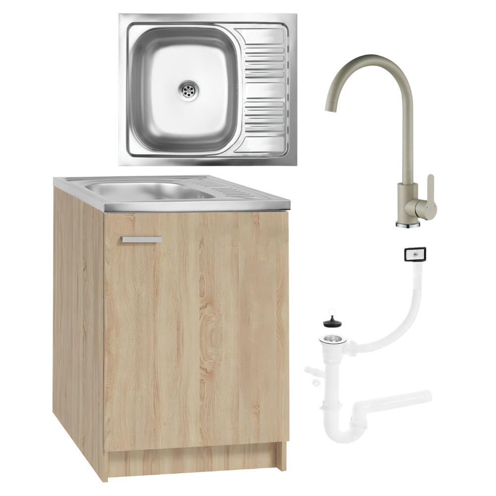 SPÜLUNTERSCHRANK 60cm mit Spüle + Armatur + Siphon Eichenfarbe - Eichefarben, Holzwerkstoff (60/82/50cm) - Stamar