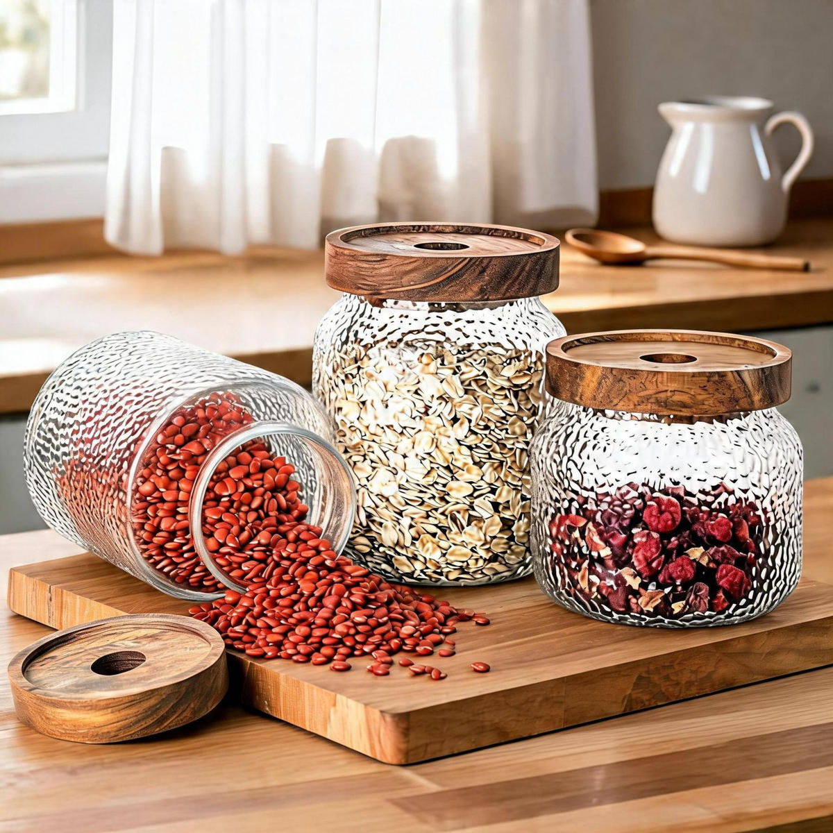 AUFBEWAHRUNGSBEHÄLTER Visby mit Holzdeckel 3 teilig - Transparent, Glas (7.5/14/8cm) - Mulex