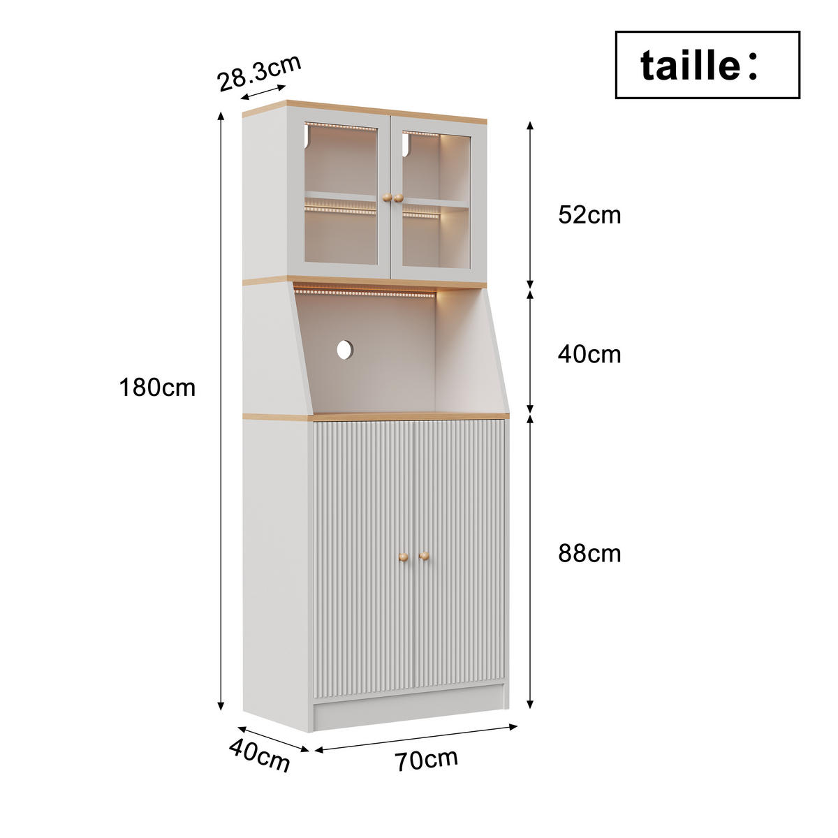 BUFFET hoch 40x70x180 cm LED Arbeitsplatte Stauraum weiß - Weiß, Holz (70/180/40cm) - LEBENLANG
