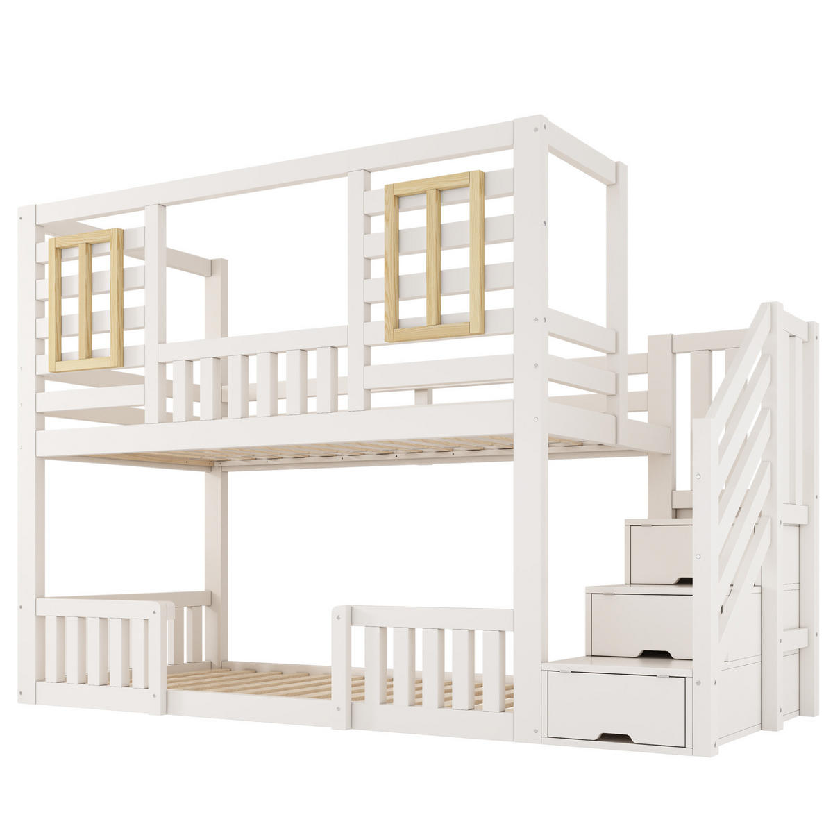 ETAGENBETT 90/200 cm mit Treppenschrank, 2 Liegeflächen und Lattenrost, Weiß - Weiß, Holzwerkstoff (90/200cm) - Redom