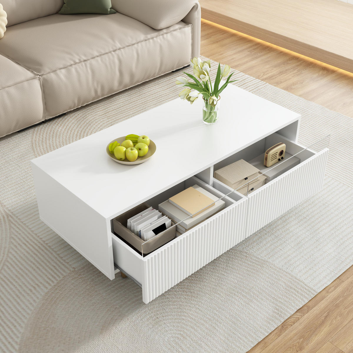 COUCHTISCH in Weiß mit 2 Schubladen und LED-Beleuchtung für Wohnzimmer, B110/T50/H40 cm - Weiß, Holz/Holzwerkstoff (55/110/40cm) - STILVORA