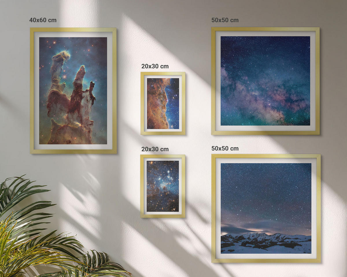 BILDER SET 5er Set - 50x50 cm & 20x30 cm & 40x60 cm Goldrahmen - Weltraumlandschaften von Galaxien - Goldfarben, Kunststoff (40/60cm) - TULUP