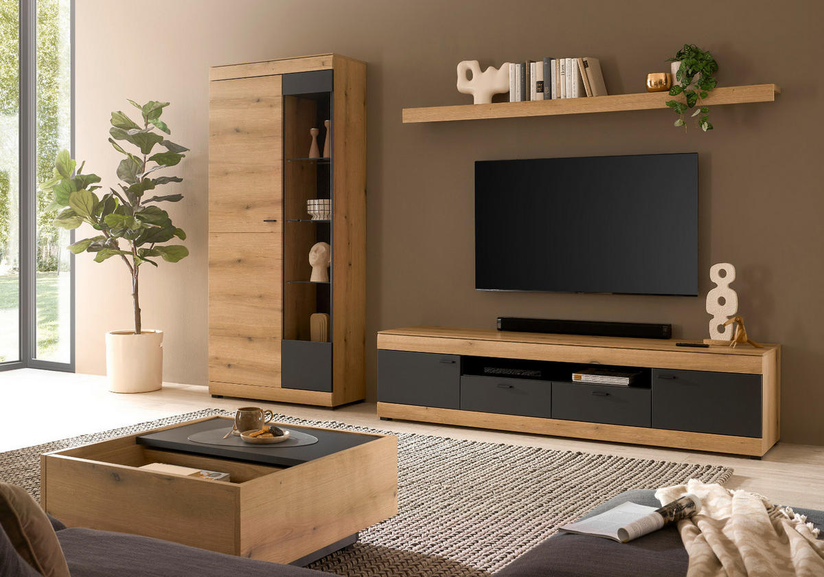 WOHNWAND Eiche, grau 300 x 201 cm, Wohnzimmer Set mit Soft-Close - Kaschmir/Eichefarben, Glas/Holzwerkstoff (300/201/45cm) - Furn.Design