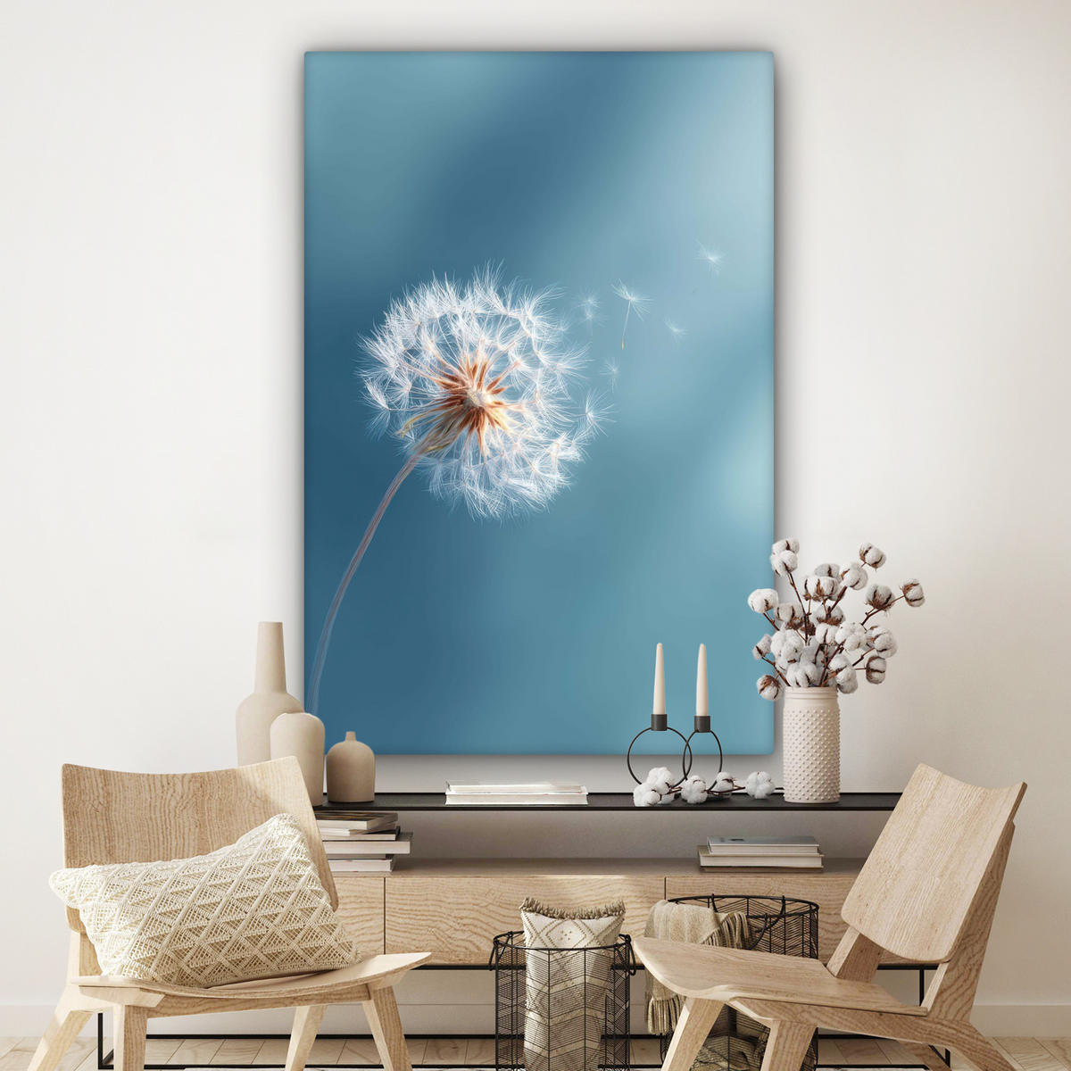 OBRAZ NA PLÁTNĚ Pampeliška - vítr - modrá 90x140 cm - šedohnědá, textil (90/140cm) - MuchoWow
