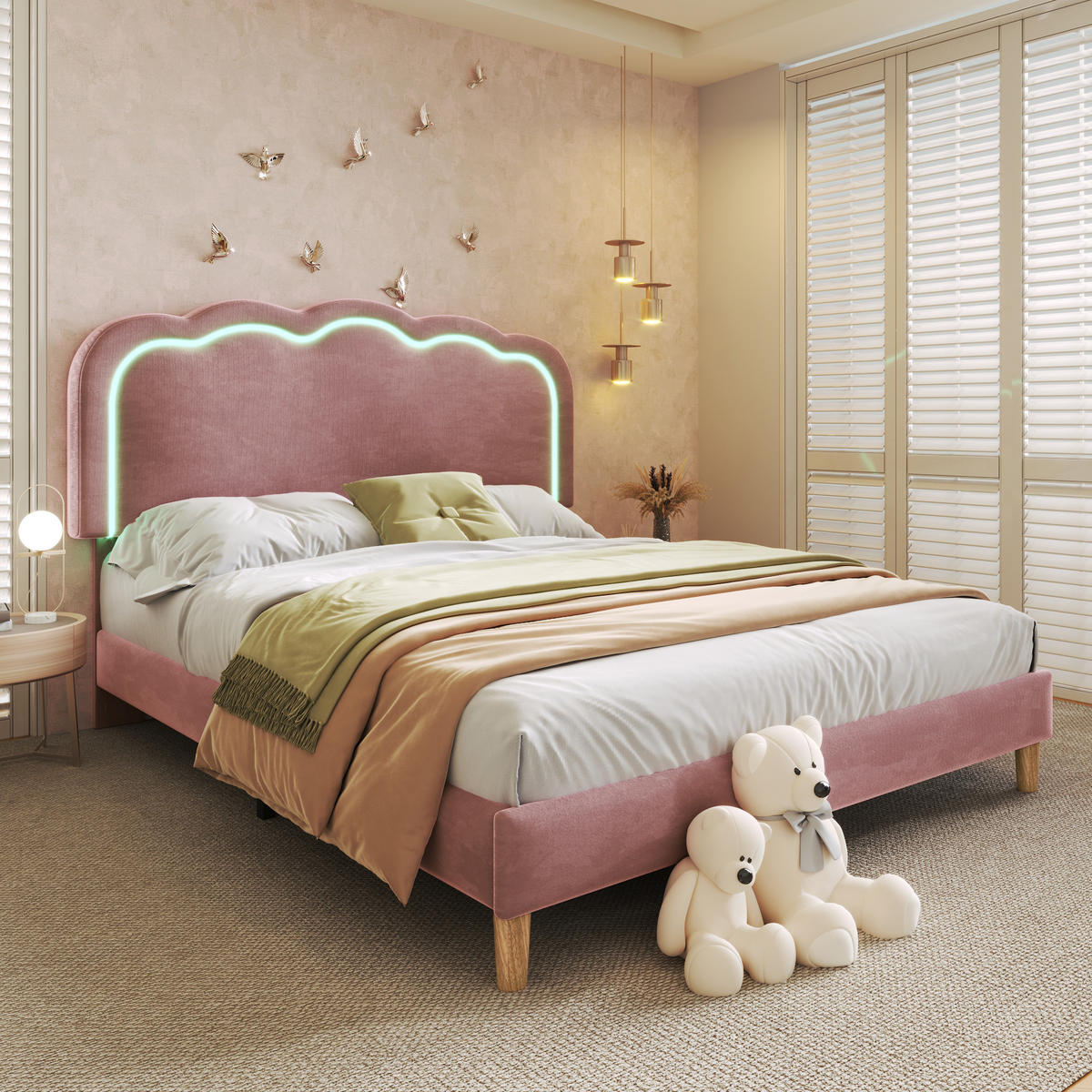 POLSTERBETT 140/200 cm in Rosa Samt mit Lattenrost - Pink, Holz/Textil (140/200cm) - KOMHTOM