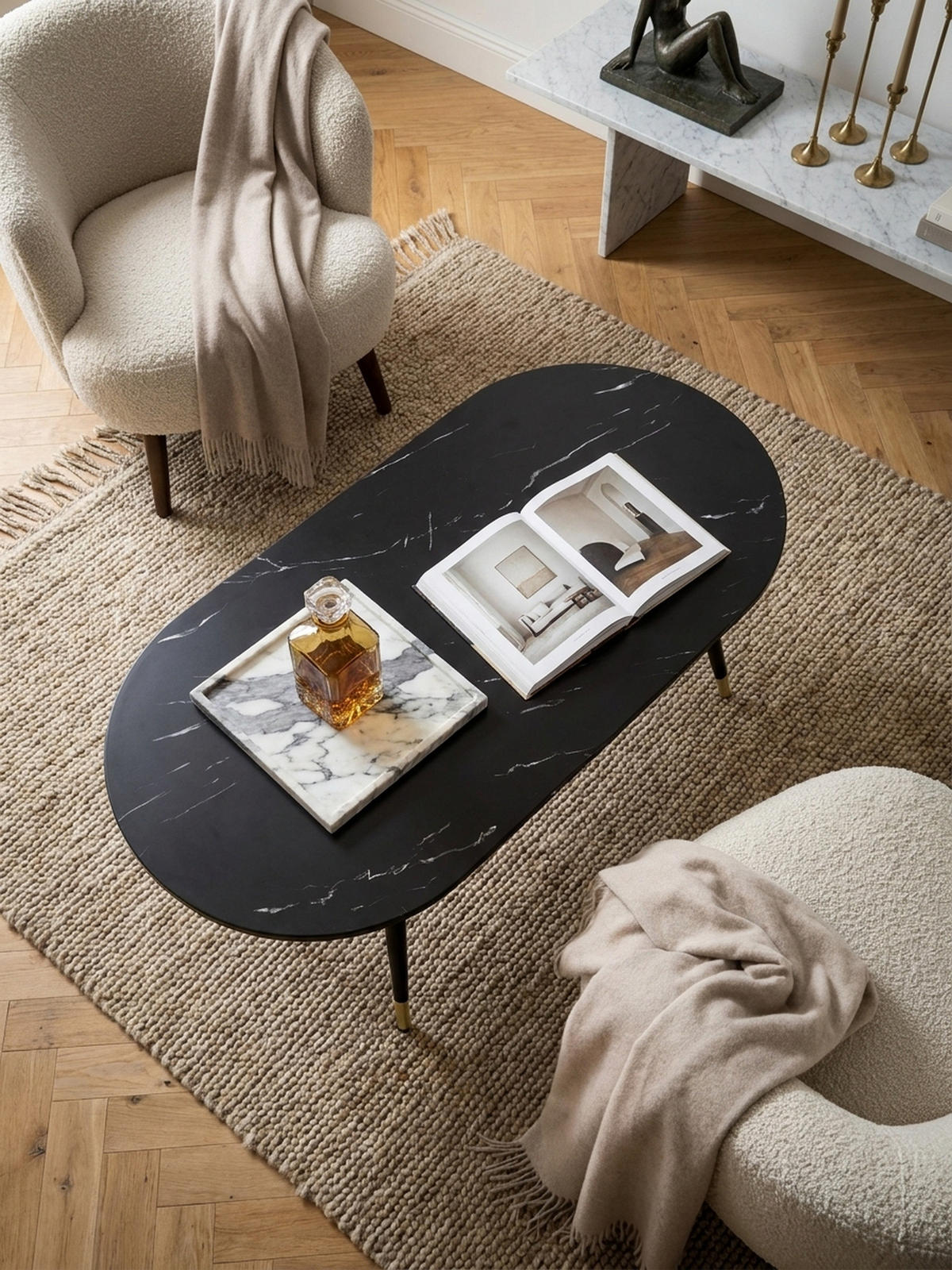 COUCHTISCH oval in Marmor-Optik – mit Metallgestell im modernen Design, Schwarz 120x60x42 cm - Goldfarben/Schwarz, Holzwerkstoff/Metall (60/120/42cm) - KADIMA DESIGN