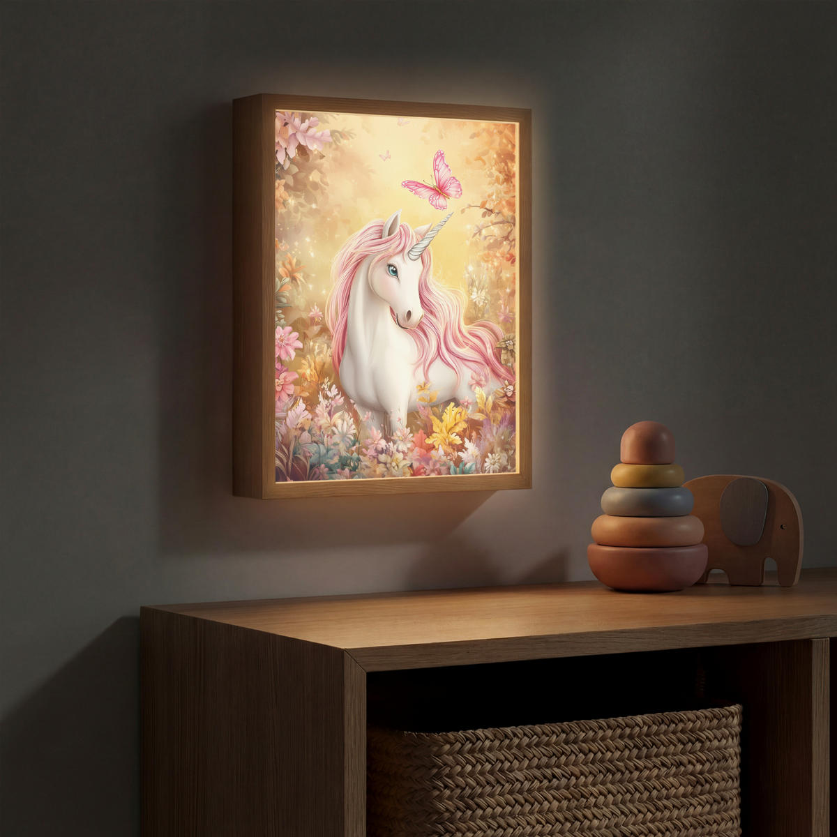 DOBÍJECÍ NOČNÍ LAMPIČKA Jednorožec - Květiny - Motýl - Růžová 30x40 cm - béžová, kompozitní dřevo (8/30/40cm) - OnlyWow