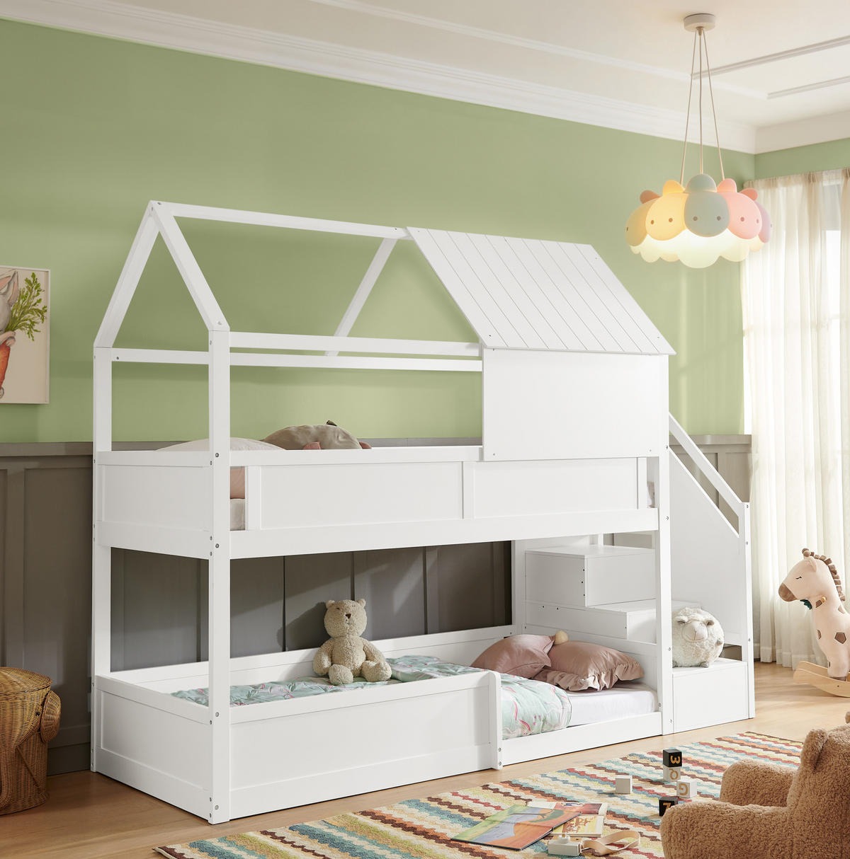 ETAGENBETT aus Massivholz 80x200 cm Weiß mit Treppe, Dachdesign und Sicherheitsgeländer - Weiß, Holz (80/200cm) - Modfu