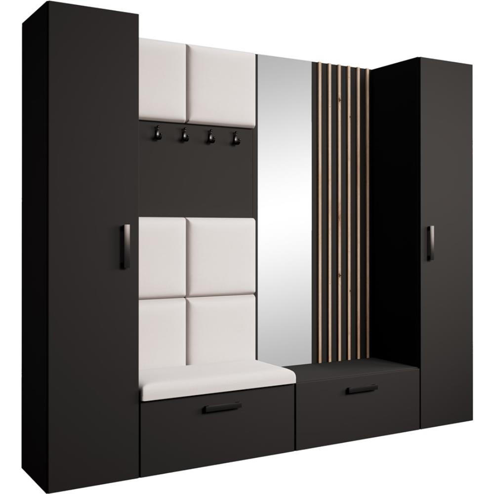 GARDEROBE Margaret XL 242/203/43 mit gepolsterten Paneelen/Lamellen/Spiegel - Beige/Schwarz, Holzwerkstoff/Kunststoff (242/203/43cm) - Beautysofa