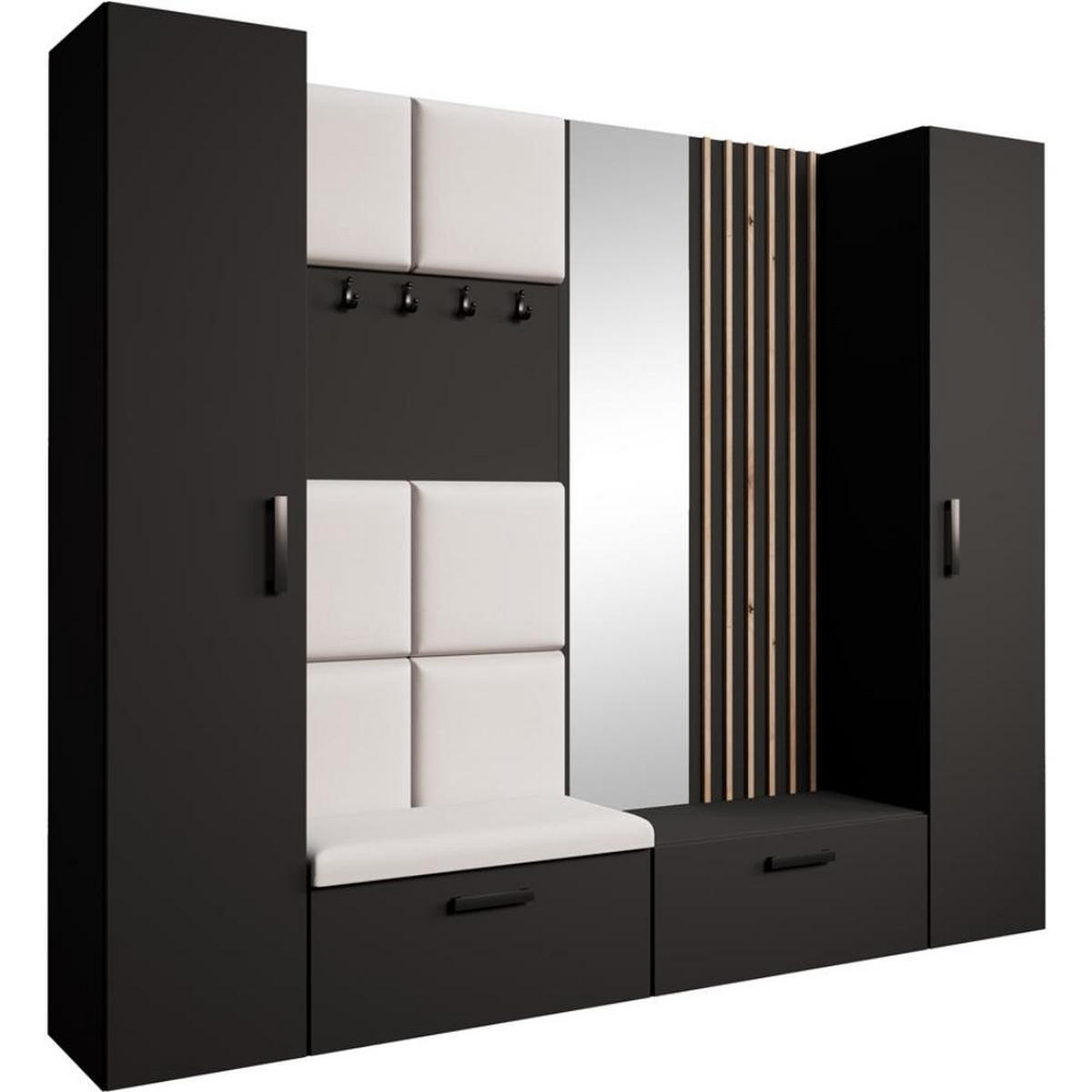 GARDEROBE Margaret XL 242/203/43 mit gepolsterten Paneelen/Lamellen/Spiegel - Beige/Schwarz, Holzwerkstoff/Kunststoff (242/203/43cm) - Beautysofa