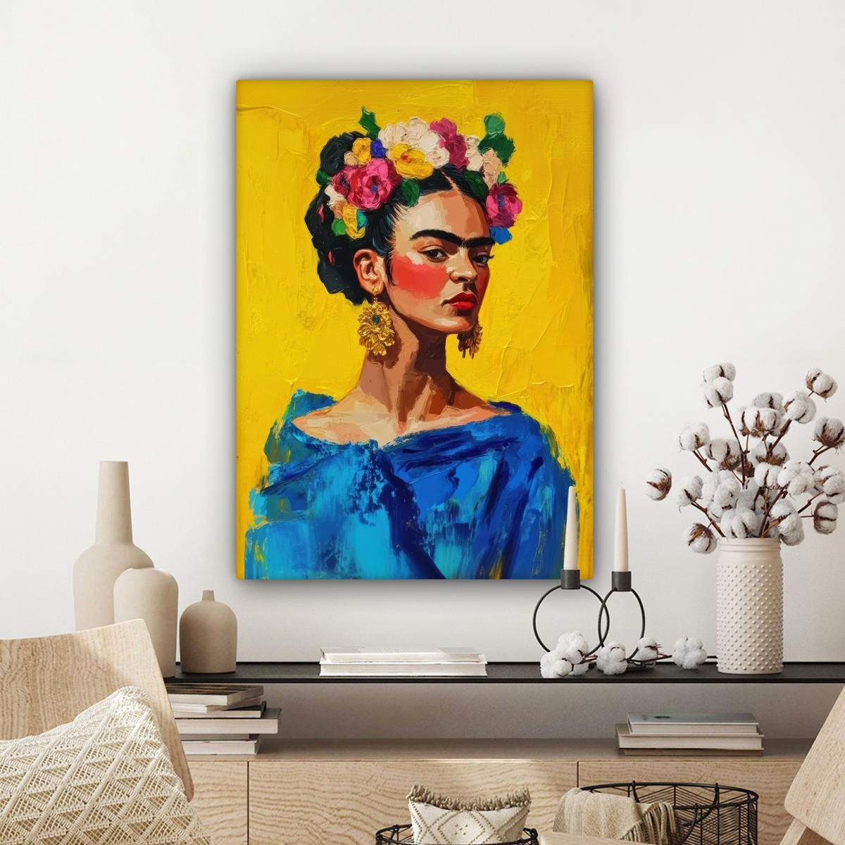 LEINWANDBILD Frida Kahlo - Frau - Gelb - Blau - Blumen 60x80 cm - Gelb, Textil (60/80cm) - MuchoWow