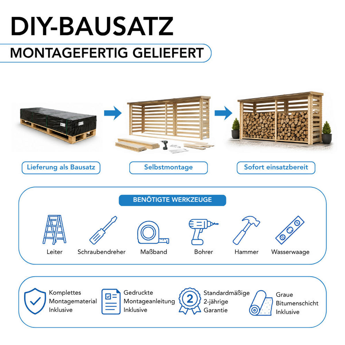 KAMINHOLZREGAL aus Holz 3,91 m², langes Brennholzregal mit Pultdach, ca. 6,95 m³ Brennholzkapazität, 458 x 112 x 199 cm (B x T x H) - Naturfarben, Holz (458/199/112cm) - Timbela