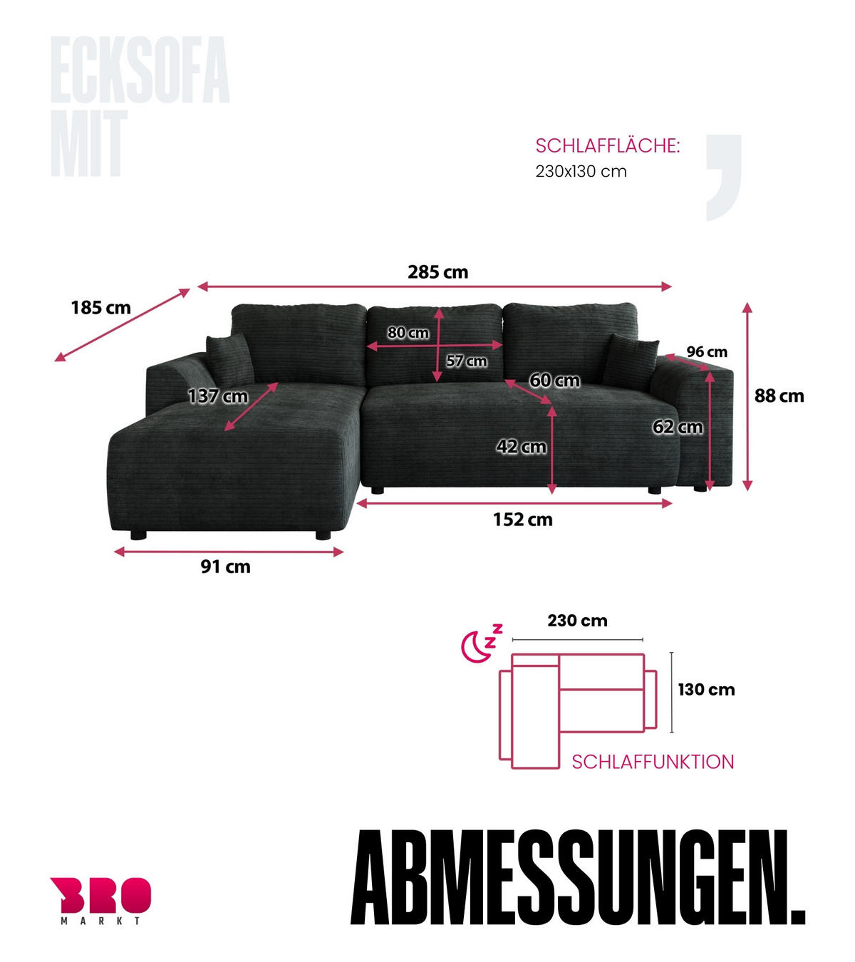 ECKSOFA Romeo mit Schlaffunktion Dunkelgrau - Dunkelgrau, Textil (285/185cm) - Bromarkt