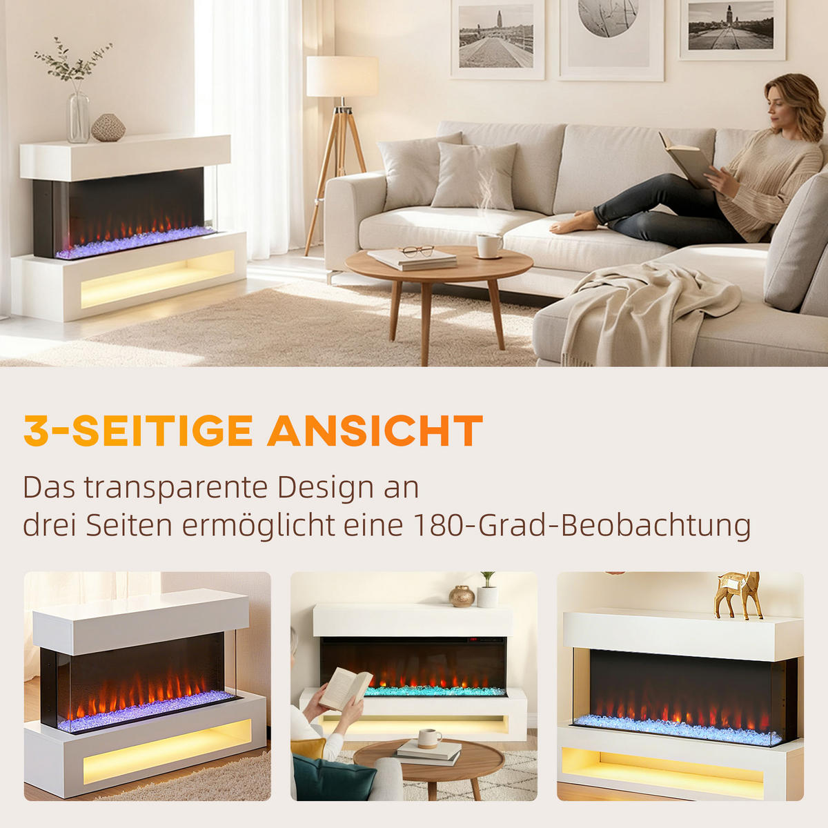 ELEKTROKAMIN mit 11 Flammenfarben 10 Kristallbett-Farben 1000W/2000W Weiß - Weiß, Metall (30/68/110cm) - HOMCOM