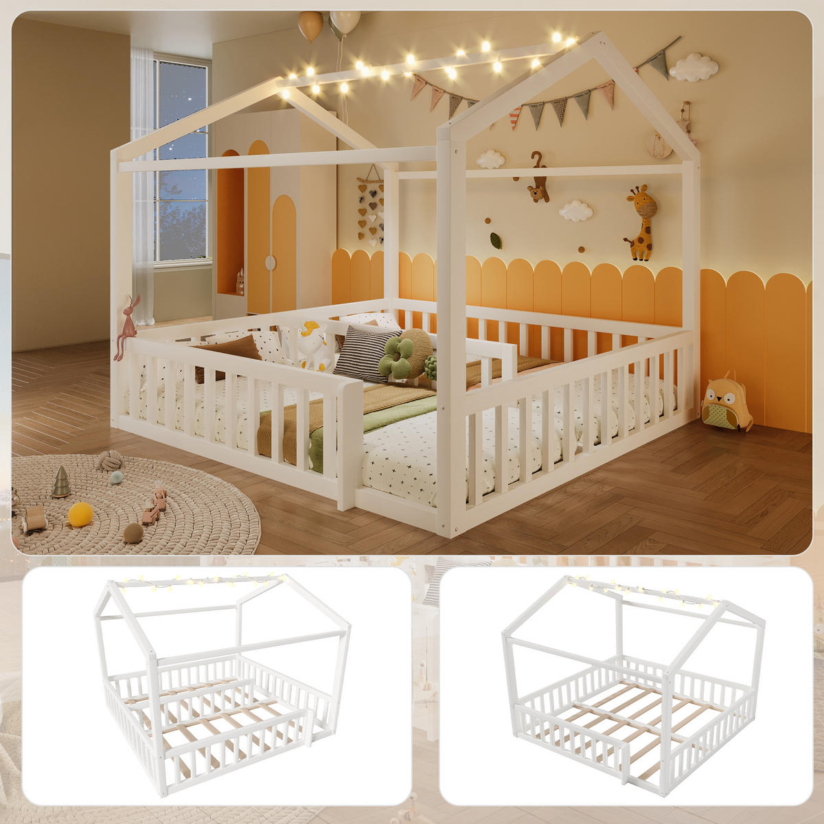 HAUSBETT 90/180/190 cm DE-03336, mit LED und Sicherheitsgeländer, in Weiß - Weiß, Holz/Holzwerkstoff (90/190cm) - ComfortXL