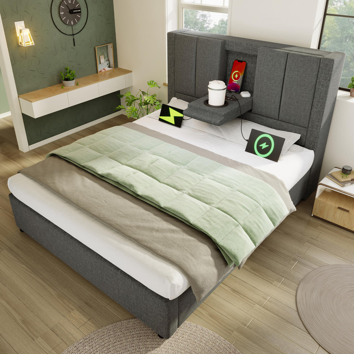 POLSTERBETT 90/200 cm Grau mit Stauraum und integrierter Ladestation mit Matratze - Grau, Textil (90/200cm) - OKWISH