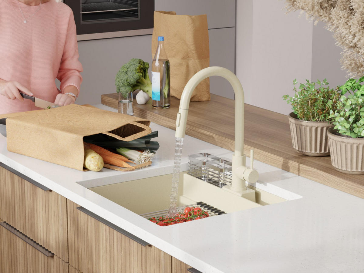 UNTERBAUSPÜLE GRANIT Bergen Pocket, 2-er set Beige 56/54 cm 1 Becken + Küchenarmatur 38/14 cm + Ablauf-Set + Küchenzubehörset ab 60er Unterschrank - Chromfarben/Beige, Kunststoff (56/20/54cm) - Primagran