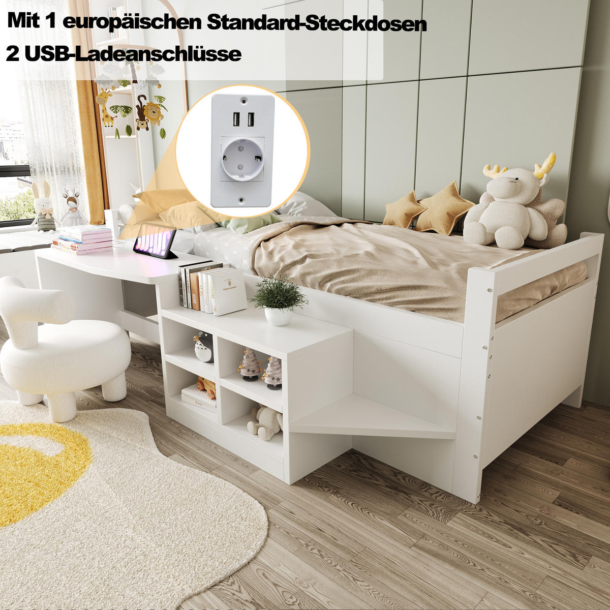 KINDERBETT 90/200 cm in Weiß mit Schreibtisch, Stauraum und USB - Weiß, Holz/Holzwerkstoff (90/200cm) - WISHDOR