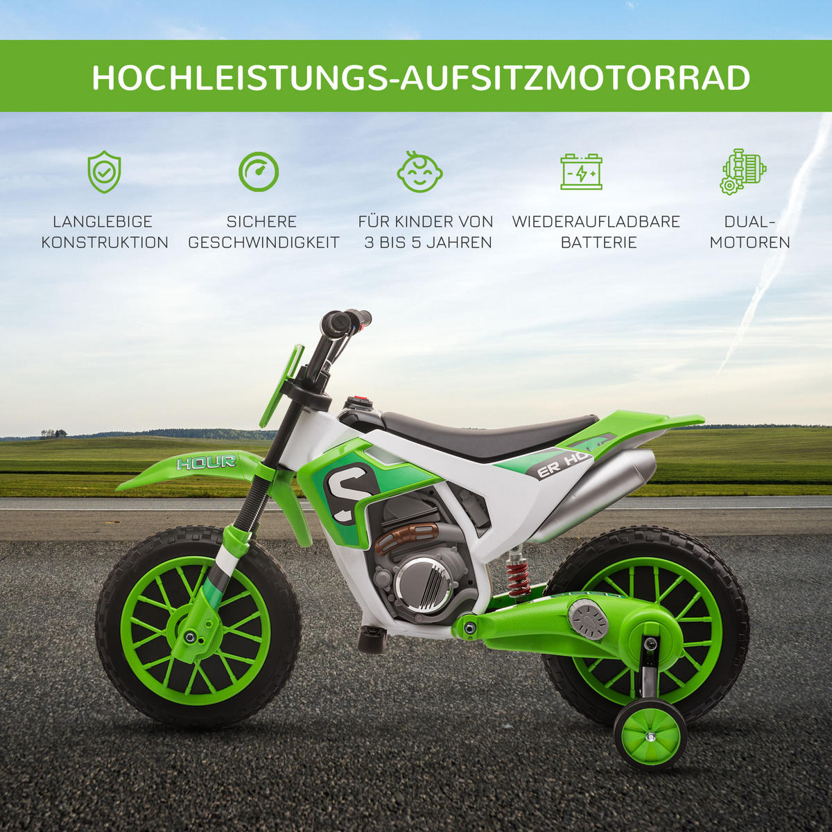 ELEKTRO KINDERMOTORRAD, Blau/Grün/ Rot, PP+ Metall - Grün, Kunststoff (106.5/51.5/68cm) - HOMCOM