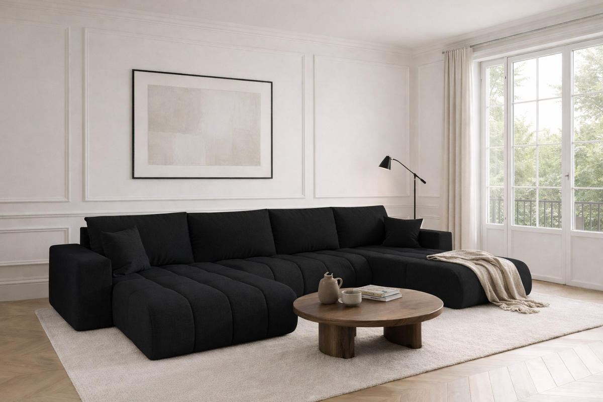 ECKSOFA mit schlaffunktion und bettkasten MILO U PREMIUM, stoff WIND, Schwarz - Schwarz, Holz (384/190cm) - Kaiser Möbel