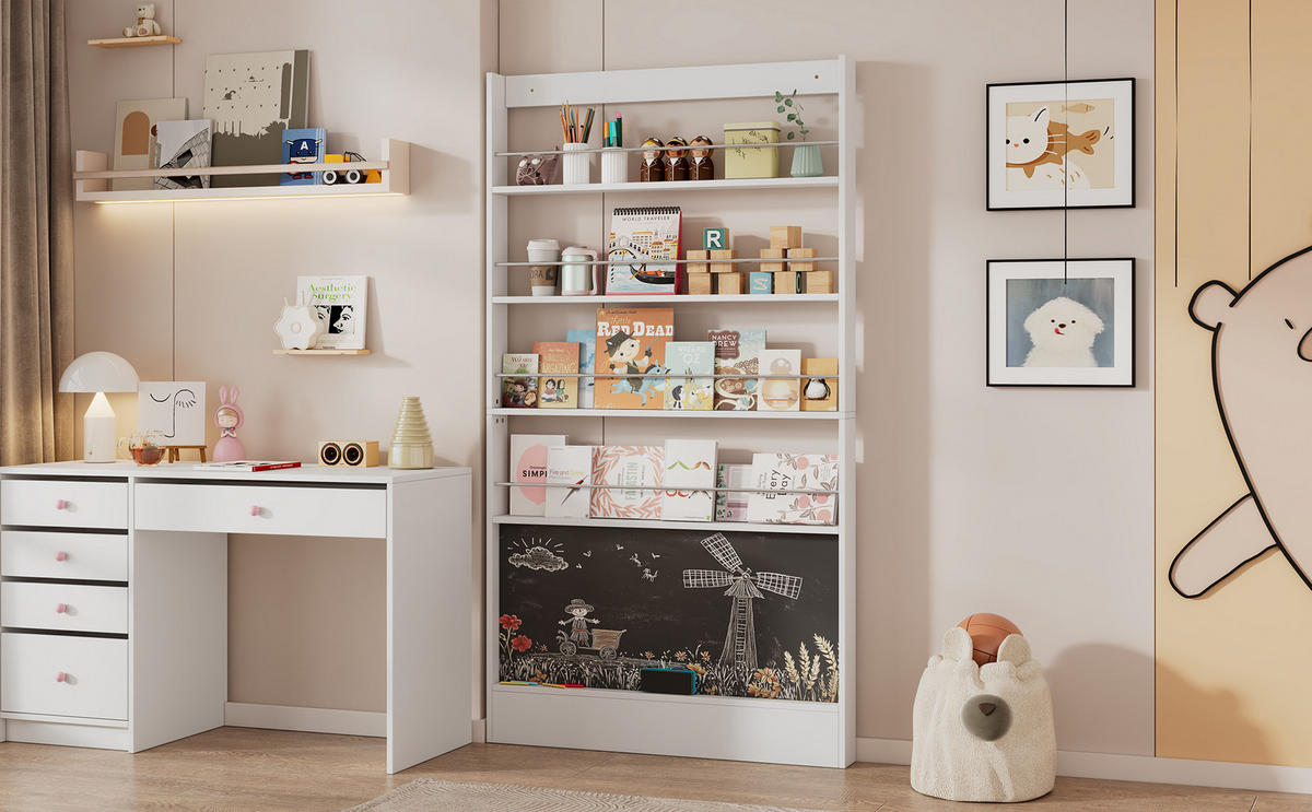 BÜCHERREGAL Weiß 2er-Set mit Schwarztafel 200/10/180 cm - Weiß, Holzwerkstoff (100/180/10cm) - PANGIVO