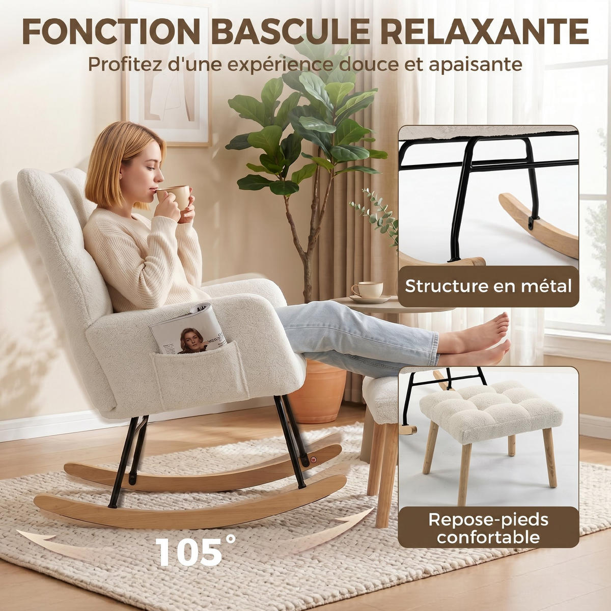 SCHAUKELSTUHL Bouclé-Stoff Fußstütze breite Rückenlehne Creme - Creme, Textil (97/100/72cm) - Vallsero