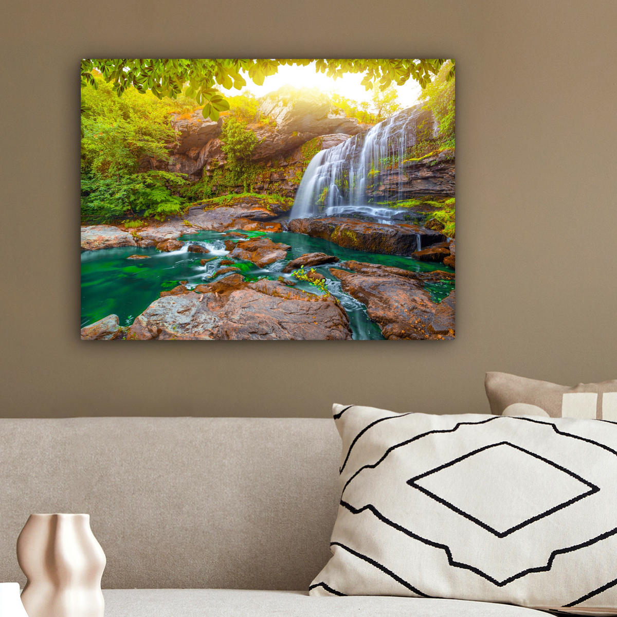 LEINWANDBILD Natur - Wasserfall - Pflanzen - Bäume - Sonne Wandbild 40x30 cm - Olivgrün, Textil (40/30cm) - MuchoWow