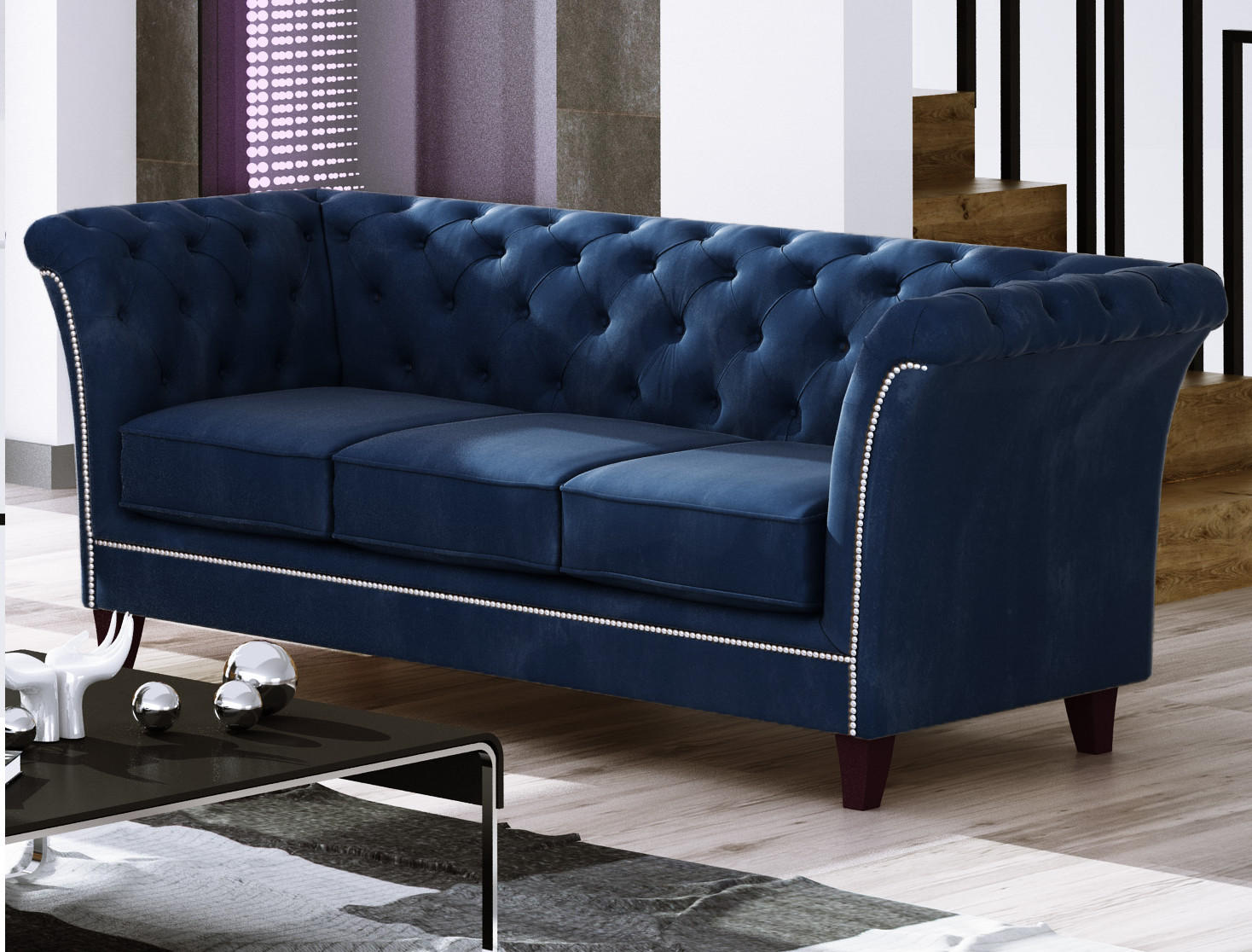 CHESTERFIELD-SOFA 3-Sitzer Fusion Blau Samt - Blau/Braun, Holz/Textil (237/75/82cm) - S-Style Möbel