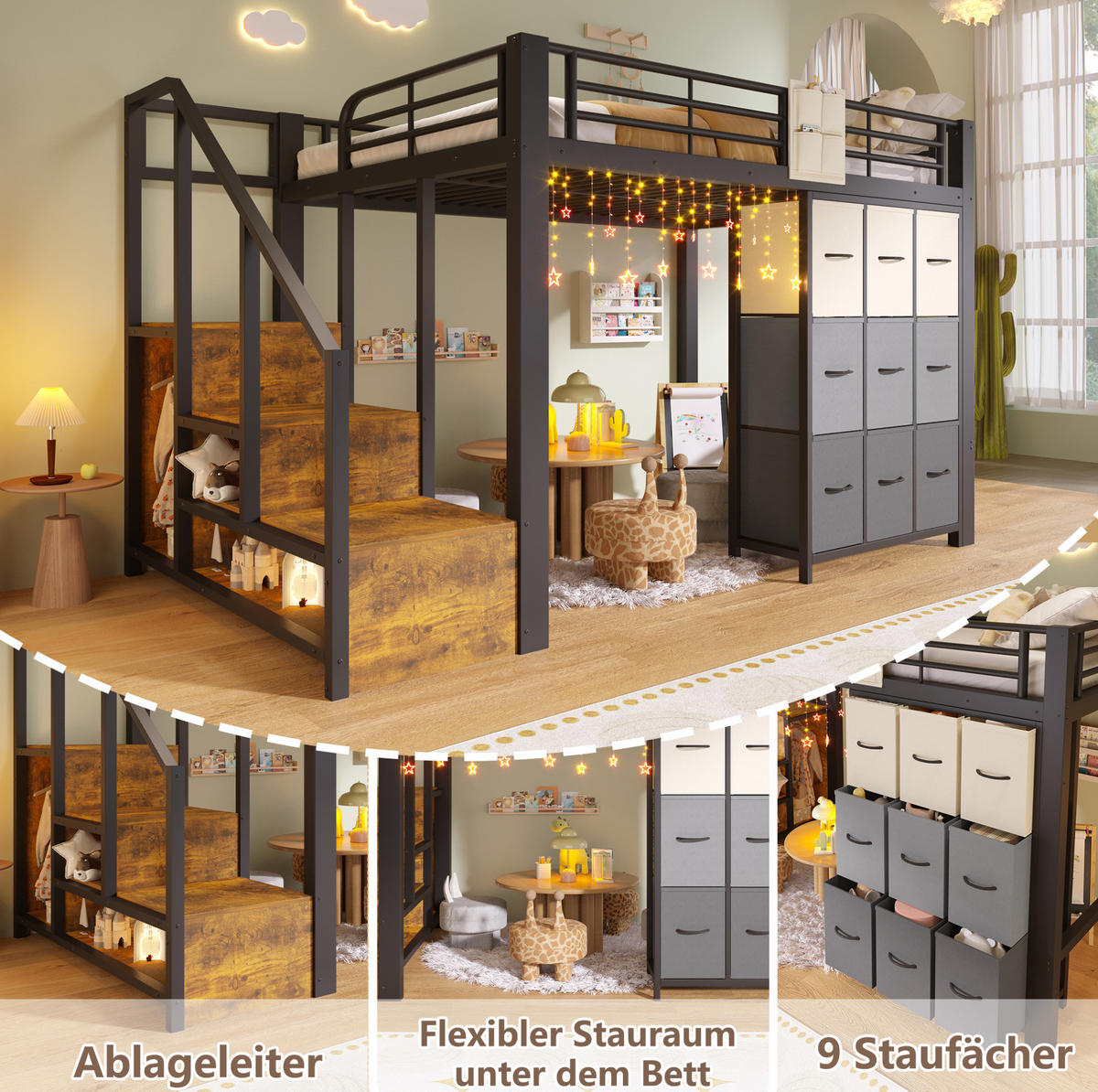 HOCHBETT 140/200 cm Schwarz/Weiß aus Metall und MDF mit Stauraum - Schwarz, Holzwerkstoff (140/200cm) - OKMYHOME