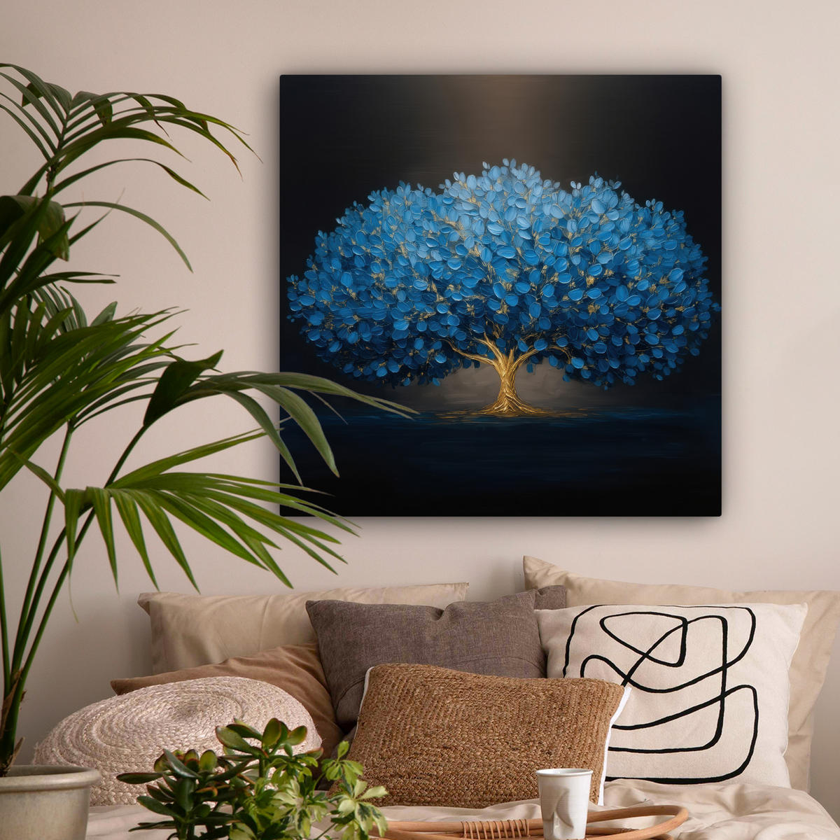 LEINWANDBILD Baum - Blau - Blätter - Pinselstriche Deko Groß 90x90 cm - Blau, Textil (90/90cm) - MuchoWow