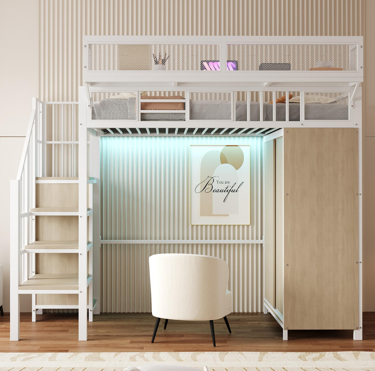 HOCHBETT 90/200 cm Weiß mit Kleiderschrank mit LED-Beleuchtung Metall Holz - Weiß, Metall (90/200cm) - OKWISH