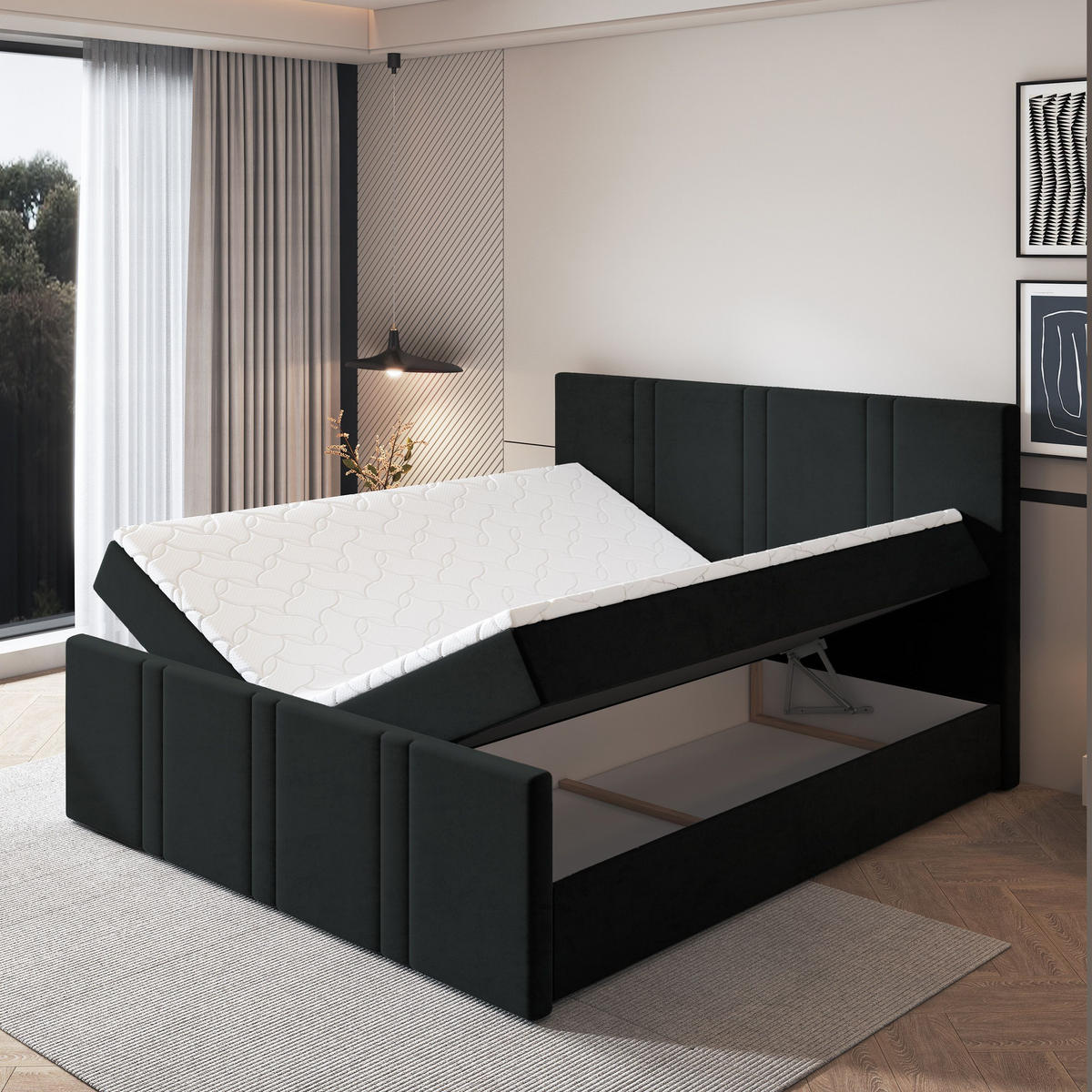 BOXBETT COMOZA 200x200 cm mit Matratze und Topper, H2+H3 - Schwarz - Schwarz, Holz (200/200cm) - MASSENO