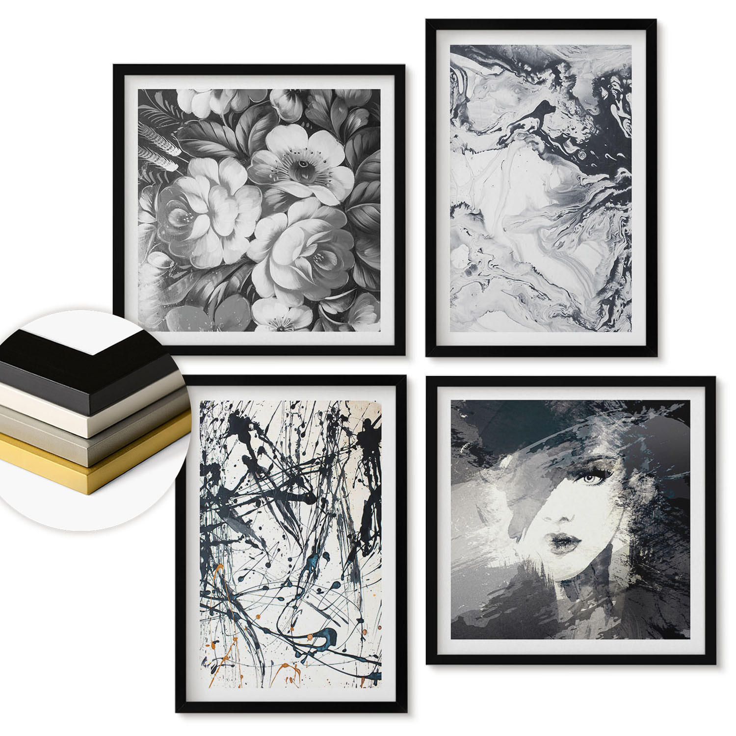 WANDBILDER 4er-Set - 50x50 cm & 40x60 cm Schwarzer Rahmen - Abstrakte schwarz-weiße Muster - Schwarz, Kunststoff (50/50cm) - ArtPrintCave