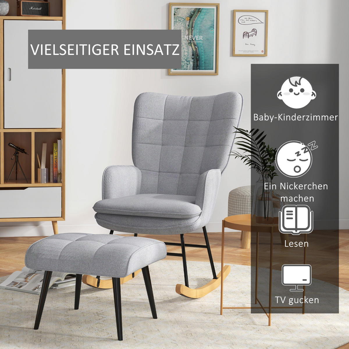 SCHAUKELSTUHL Hellgrau mit Hocker, Leinenoptik - Hellgrau, Textil (89/90/64cm) - Oxeza