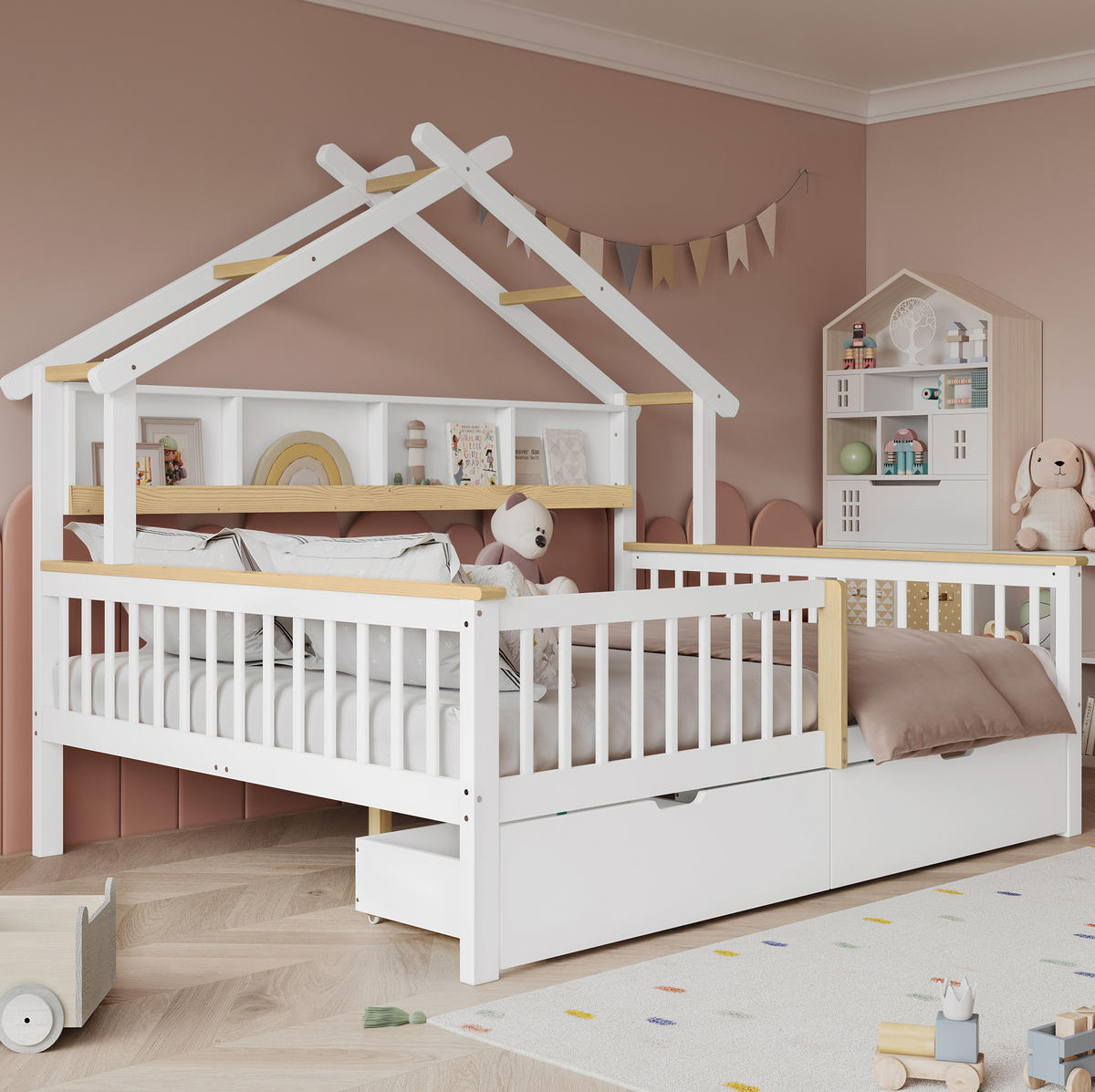 KINDERBETT 140/200 cm Weiß/Natur mit Dach, Fallschutz und 2 Schubladen - Weiß, Holz (140/200cm) - MIVRAY