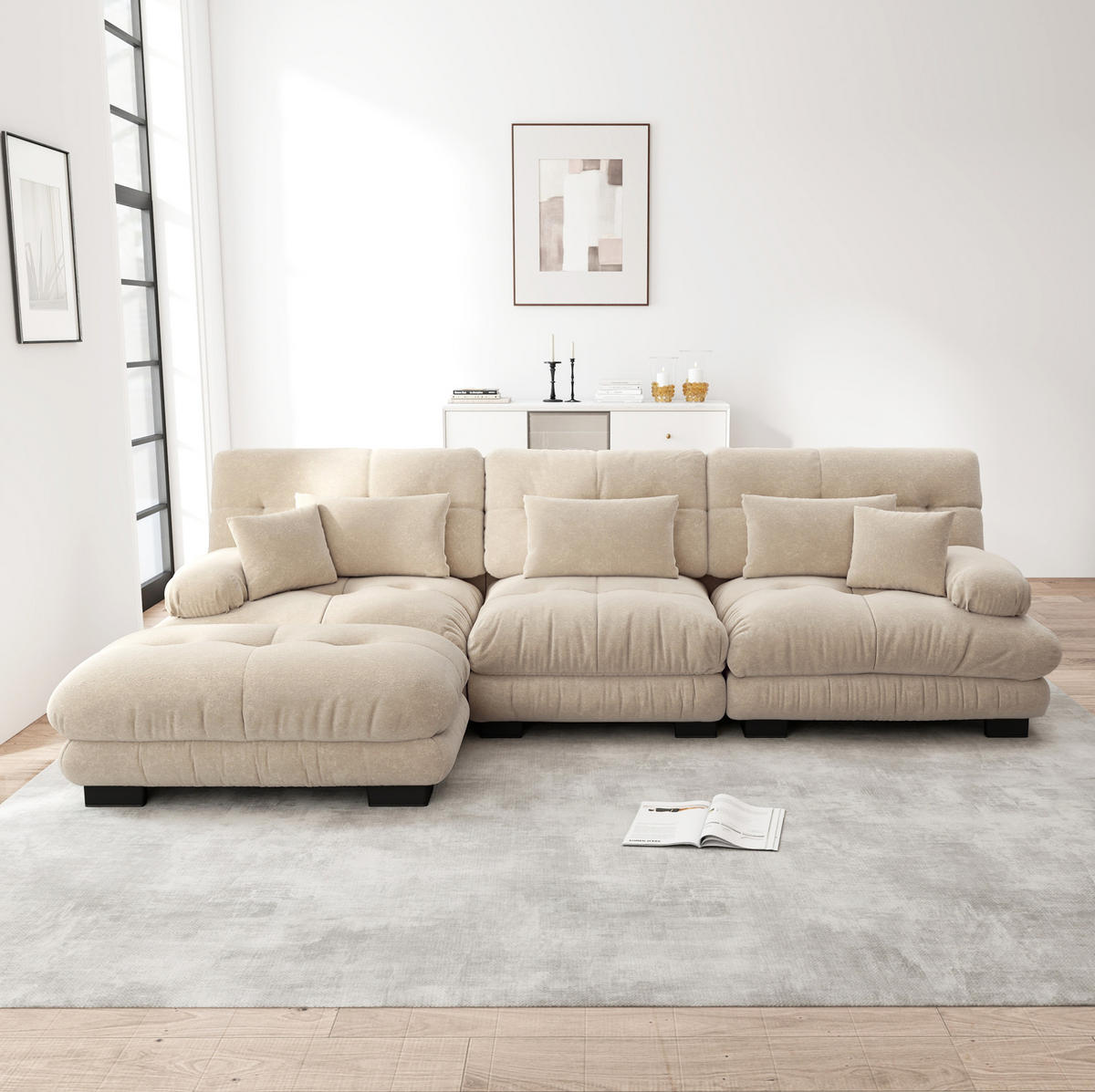 ECKSOFA in Hellbraun aus Chenille mit Ottomane, modular und besonders bequem - Cappuccino, Textil (145/313cm) - Flora Grace