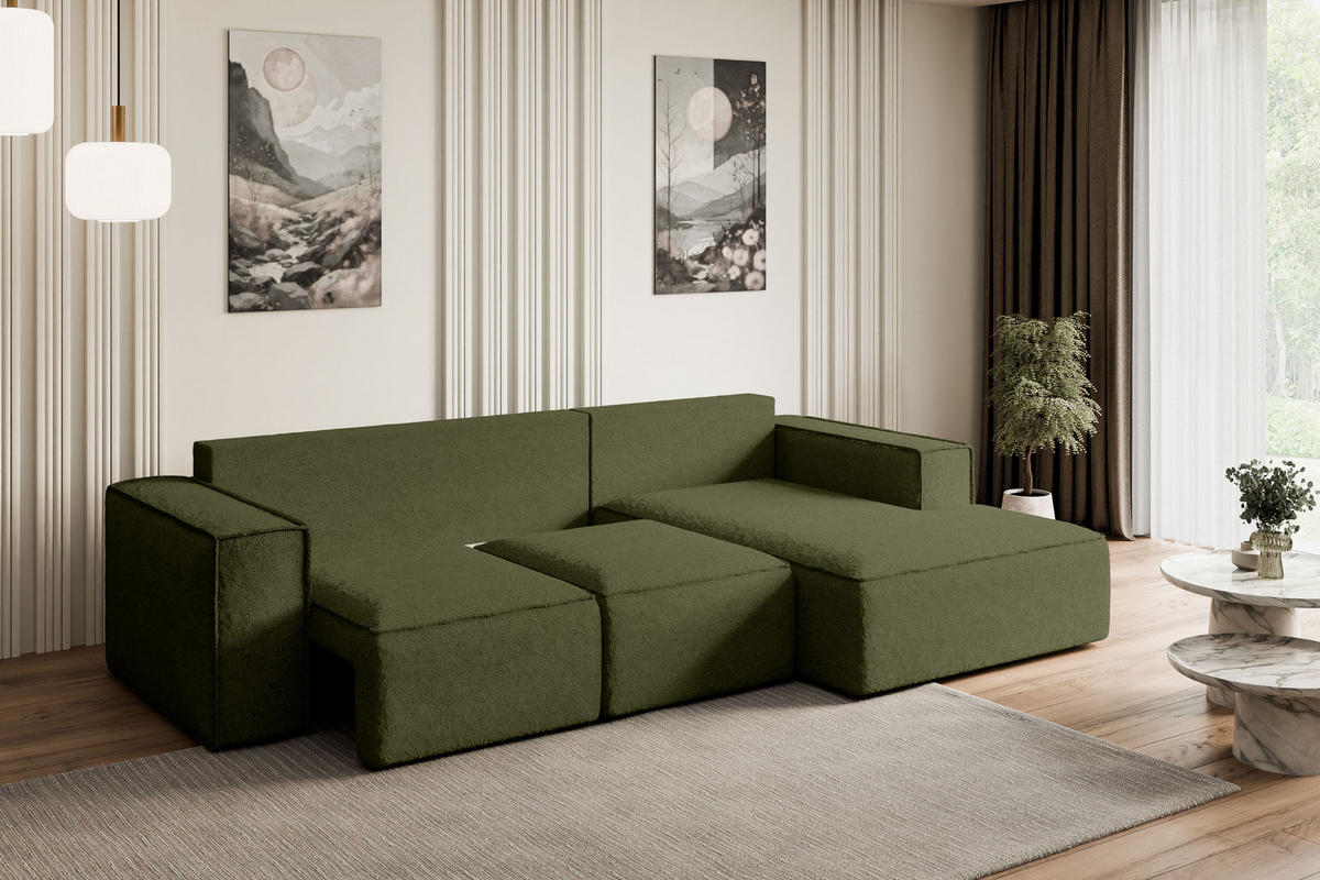 ECKSOFA mit Schlaffunktion und Bettkasten SERRA-L-S - 266x161x87 cm Grün Bouclé - Schwarz/Grün, Holzwerkstoff/Kunststoff (266/161cm) - ALTDECOR
