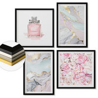 WANDBILDER 4er-Set - 50x50 cm & 40x60 cm Schwarzer Rahmen - Rosa Blumen Marmor Pastell - Schwarz, Kunststoff (50/50cm) - ArtPrintCave