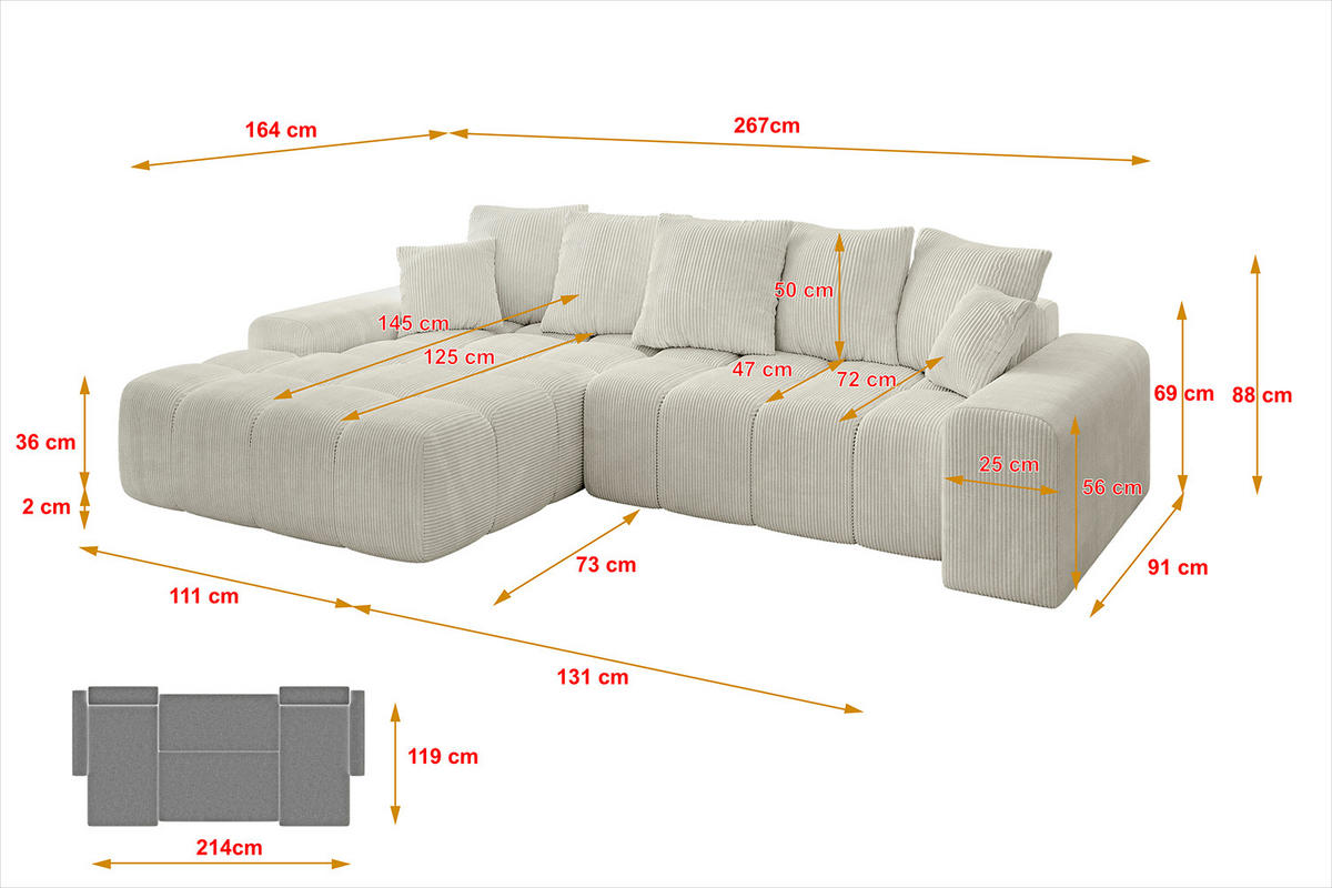 ECKSOFA Ottomane Links ENSI-L - 267x164x88 cm Ecru - Ecru, Holzwerkstoff/Kunststoff (267/164cm) - ALTDECOR