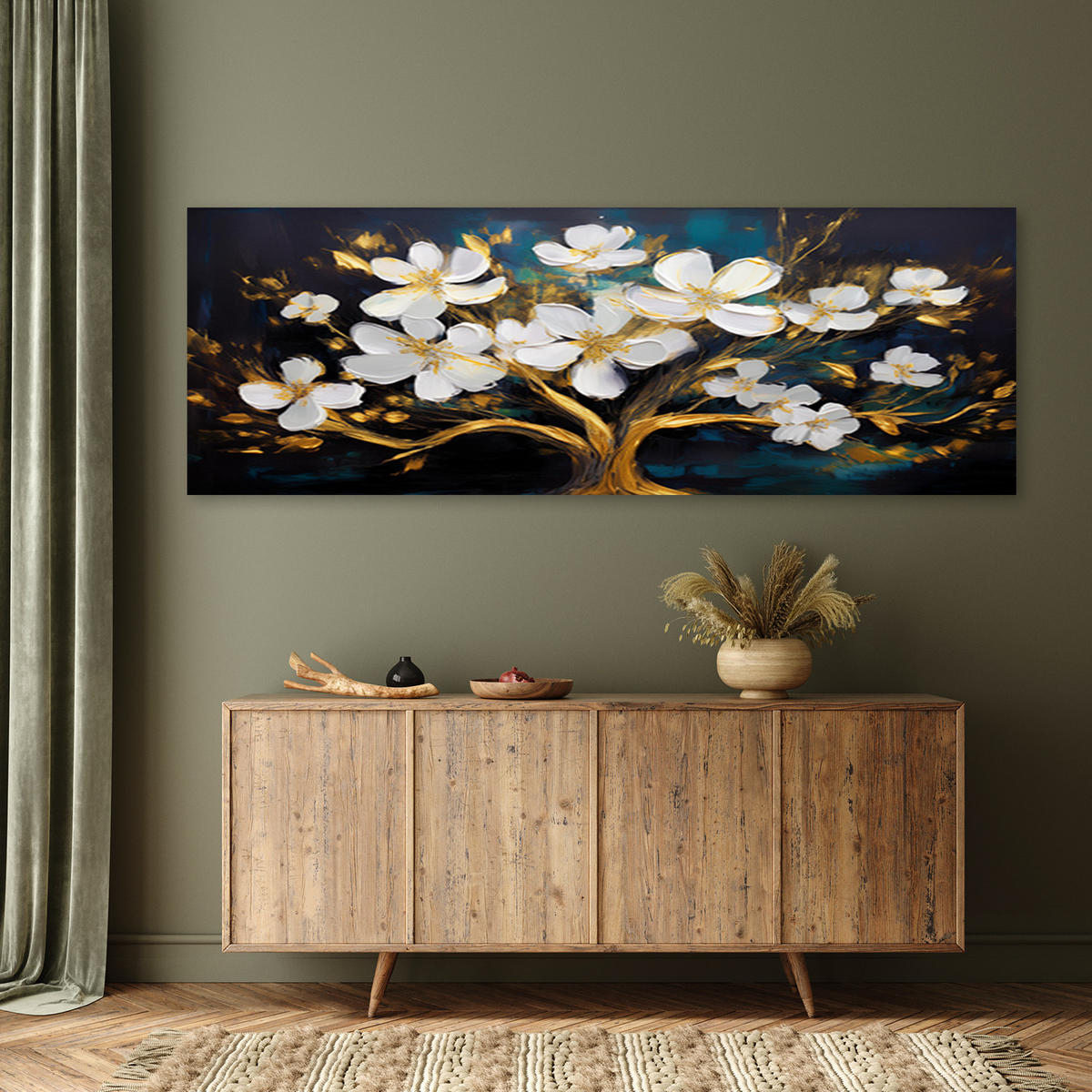 WANDBILD baum des lebens glamour abstrakte blumen - Goldfarben, Textil (90/30cm) - Feeby
