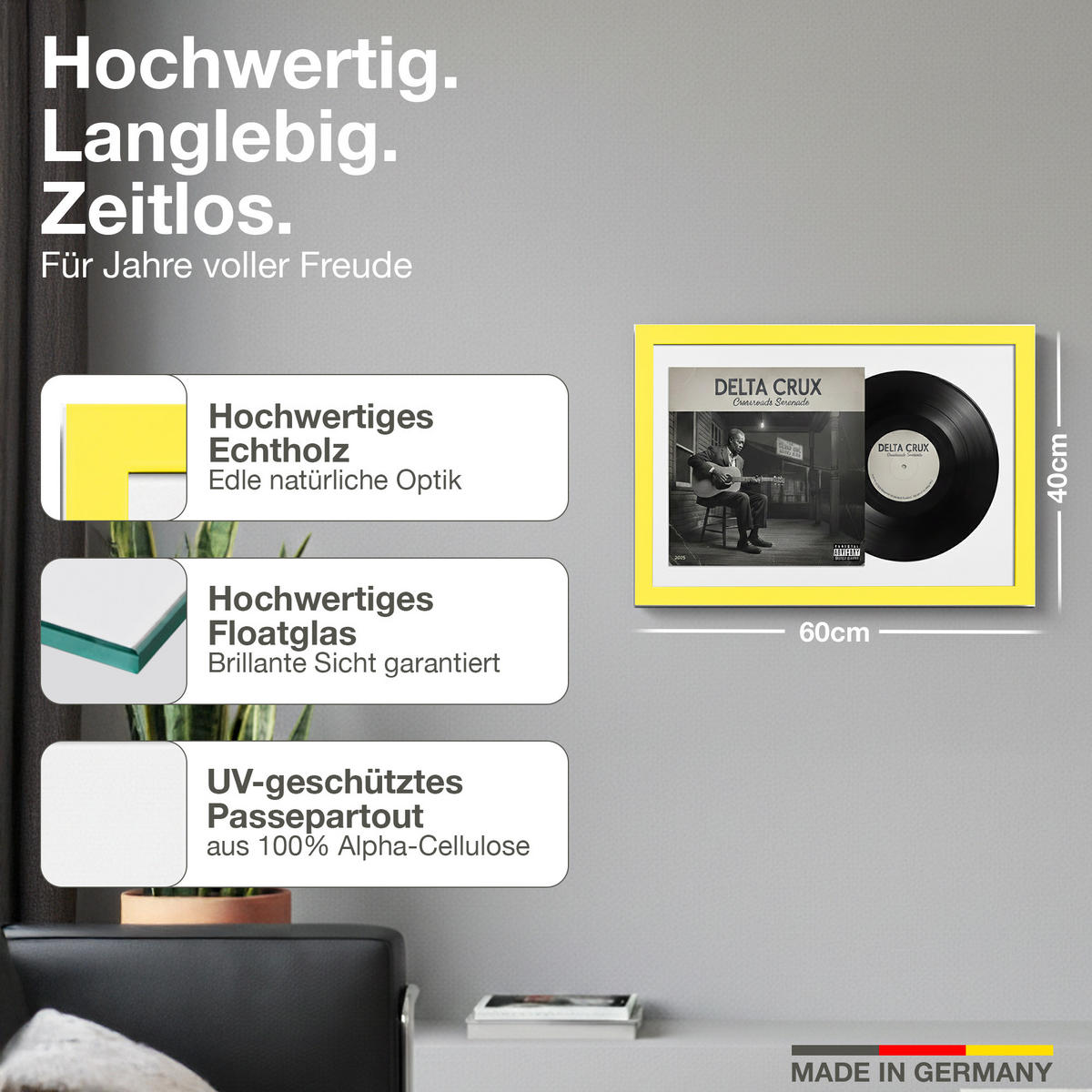 SCHALLPLATTEN RAHMEN 40/60 für Cover & Vinyl - Gelb, Holz (60/40cm) - K-Möbel